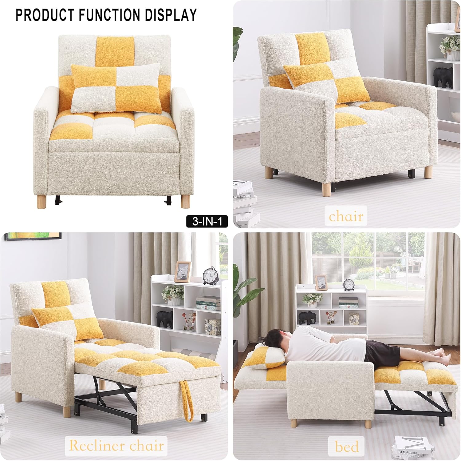 Silla de cama convertible multifuncional, tela de peluche, ajustable, sofá cama extraíble individual con lumbar, para estudio, dormitorio,