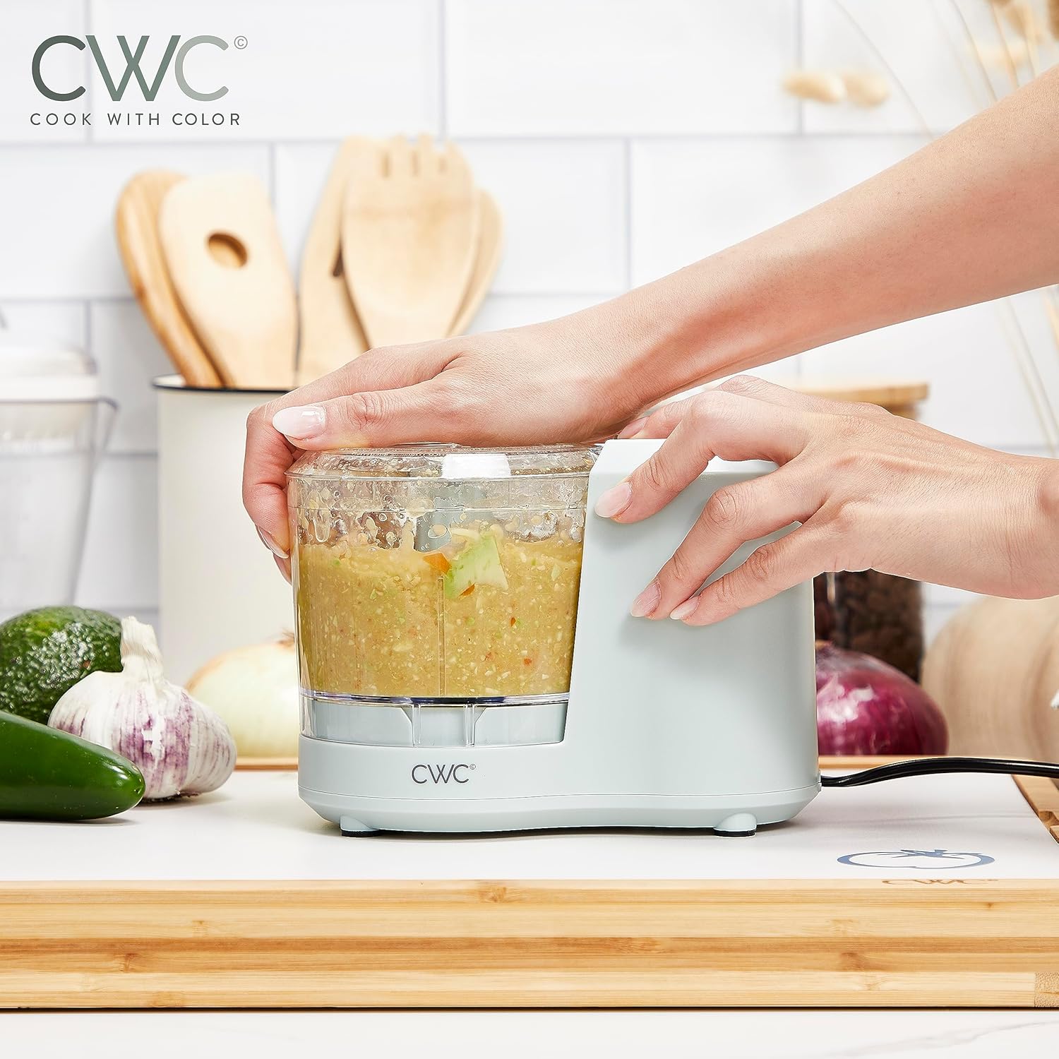 Cook with Color Precisión sin esfuerzo mini picadora de alimentos con cuchillas de acero inoxidable para verduras muy picadas, 1.5 tazas, salvia