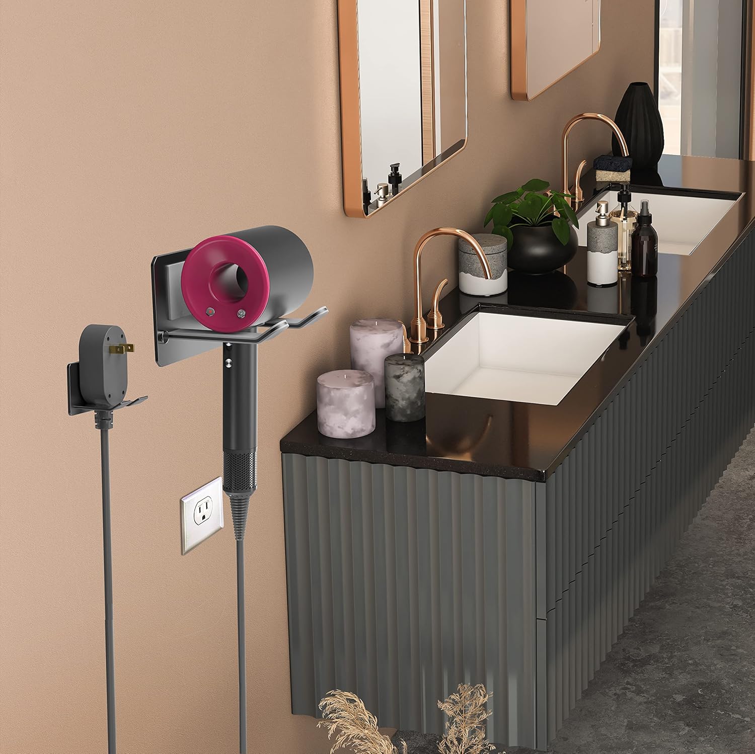 Soporte adhesivo para secador de pelo de montaje en pared, organizador adhesivo para secador de pelo, compatible con secadores de pelo Dyson (negro)