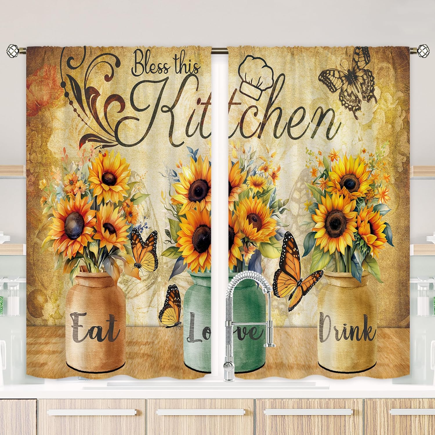 Cortinas de cocina de girasol para dormitorio, 27.5 pulgadas de ancho x 39 pulgadas de alto, bolsillo para barra, retro, rústico, amarillo, floral,