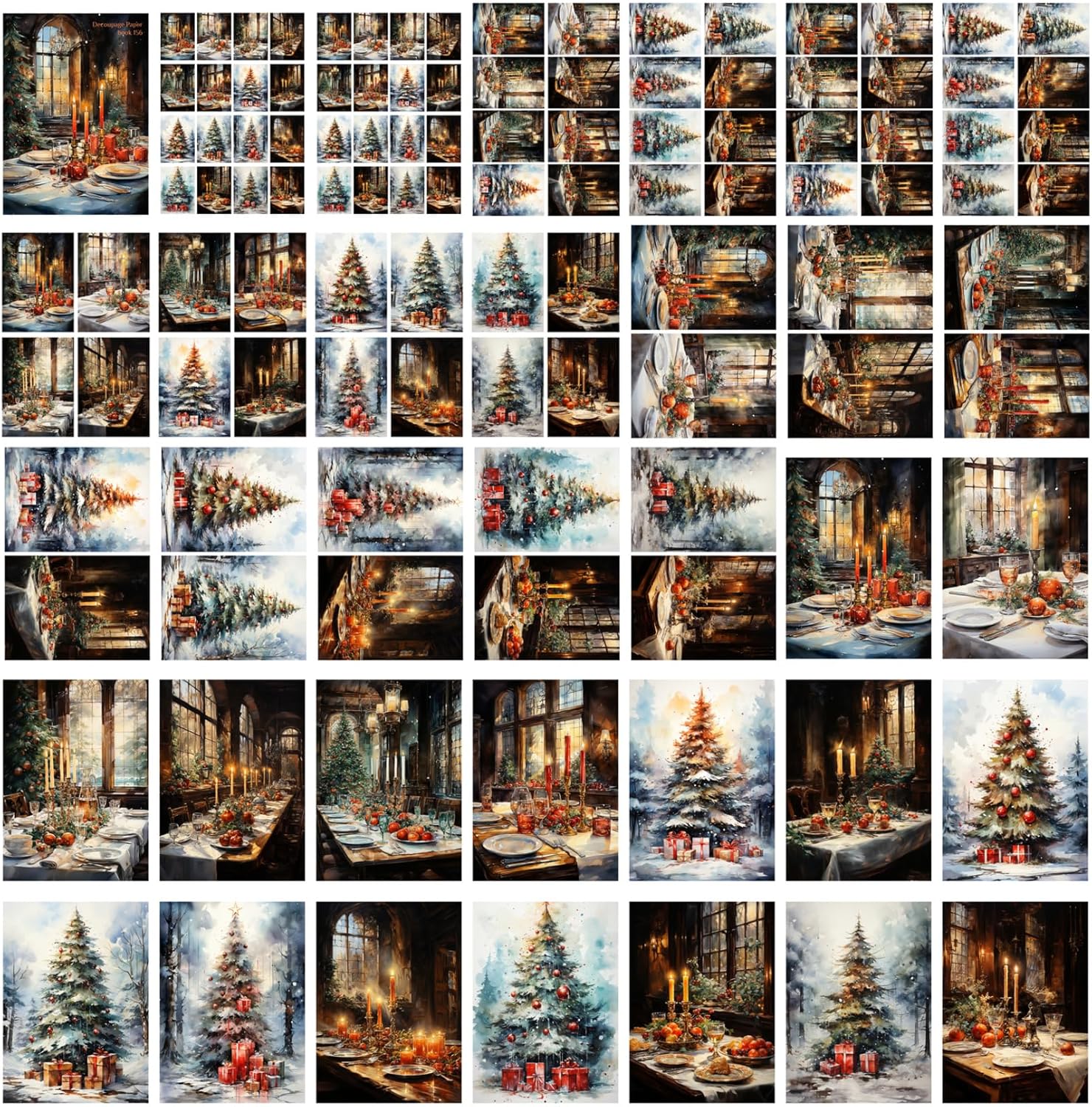 Decoupage – Paquete de papel (35 hojas de 6 x 8 pulgadas), bonitas acuarelas de mesas, juego para deliciosas cenas de Navidad, tarjetas de
