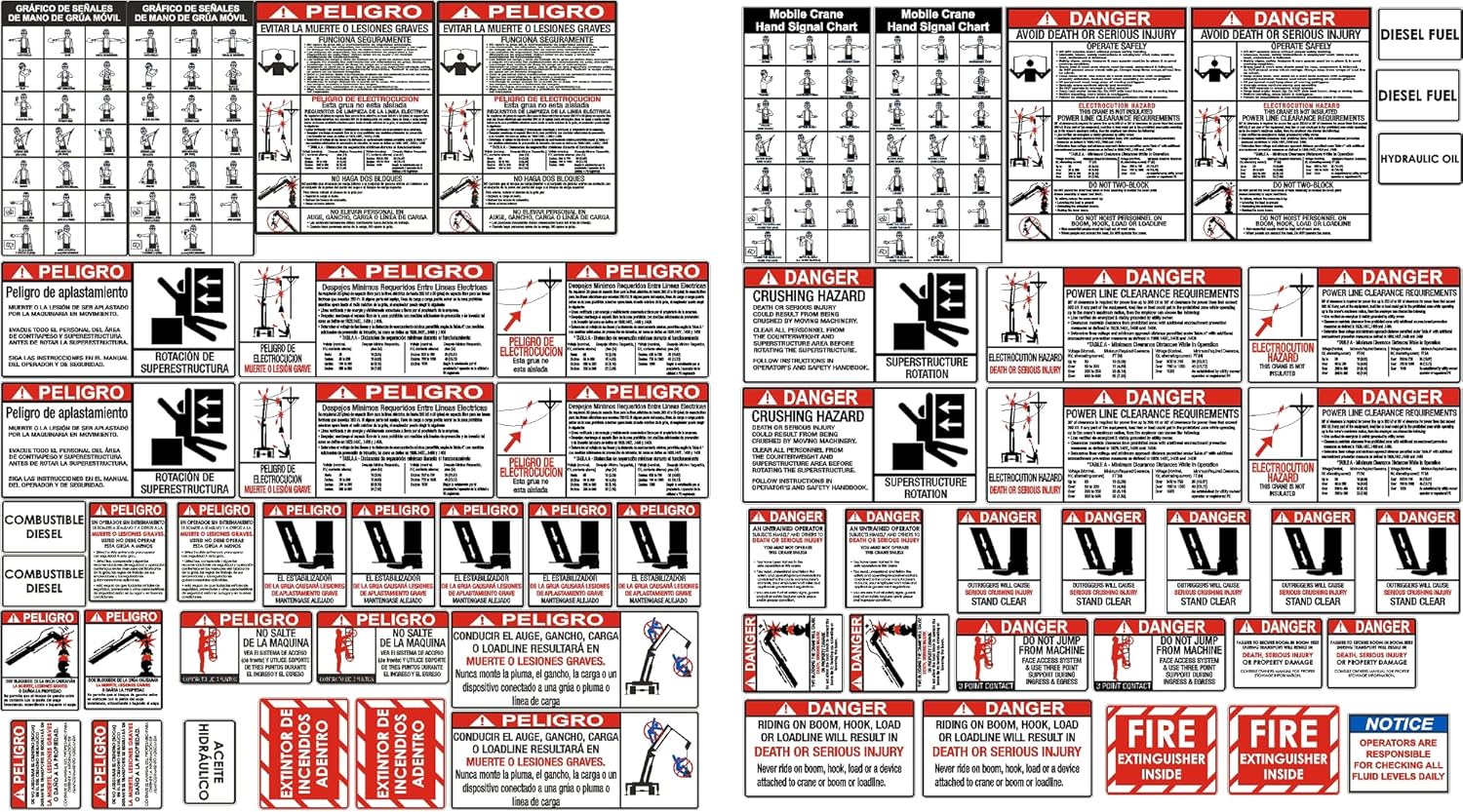 Kit de pegatinas de seguridad para grúas bilingües en español e inglés