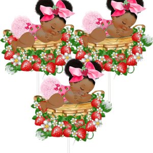 Decoración de mesa de fiesta de baby shower de fresa durmiente (una pieza central de doble cara, niña afroamericana) Decoración de mesa de fiesta de baby shower de fresa durmiente (una pieza central de doble cara, niña afroamericana)