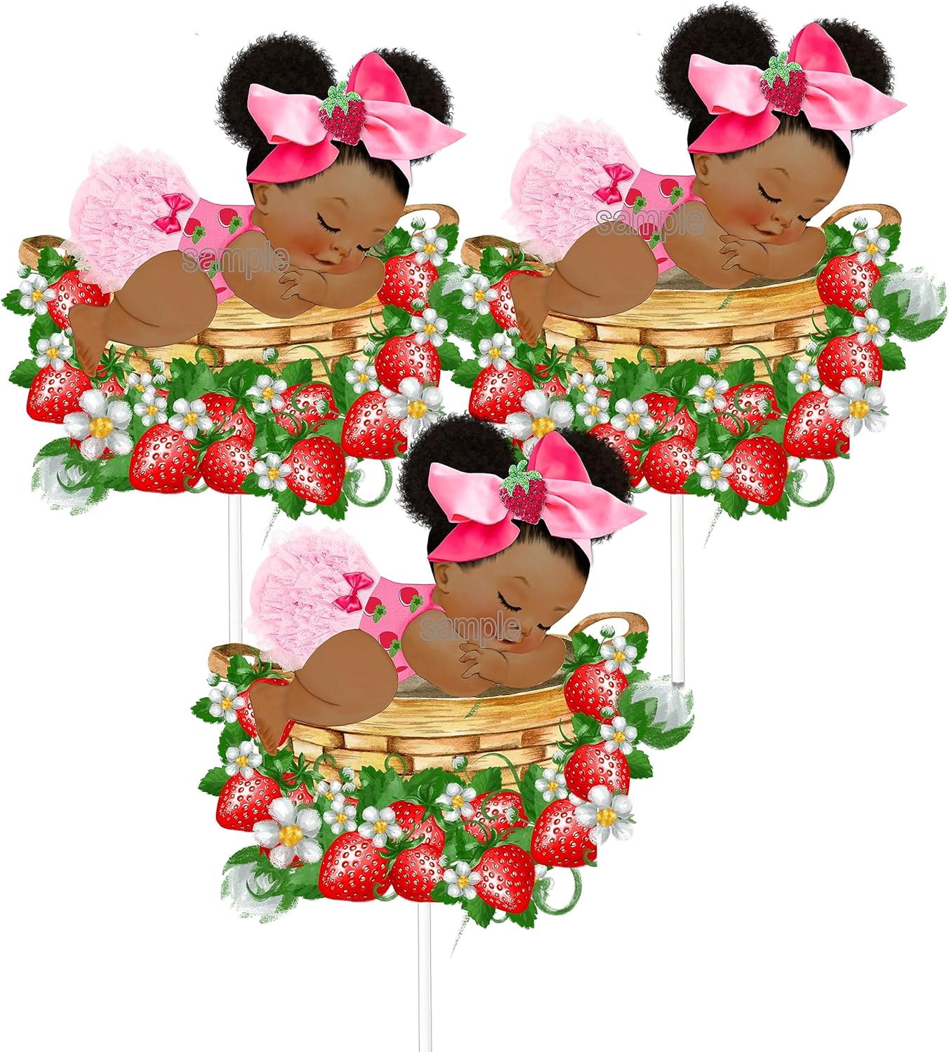 Decoración de mesa de fiesta de baby shower de fresa durmiente (una pieza central de doble cara, niña afroamericana)