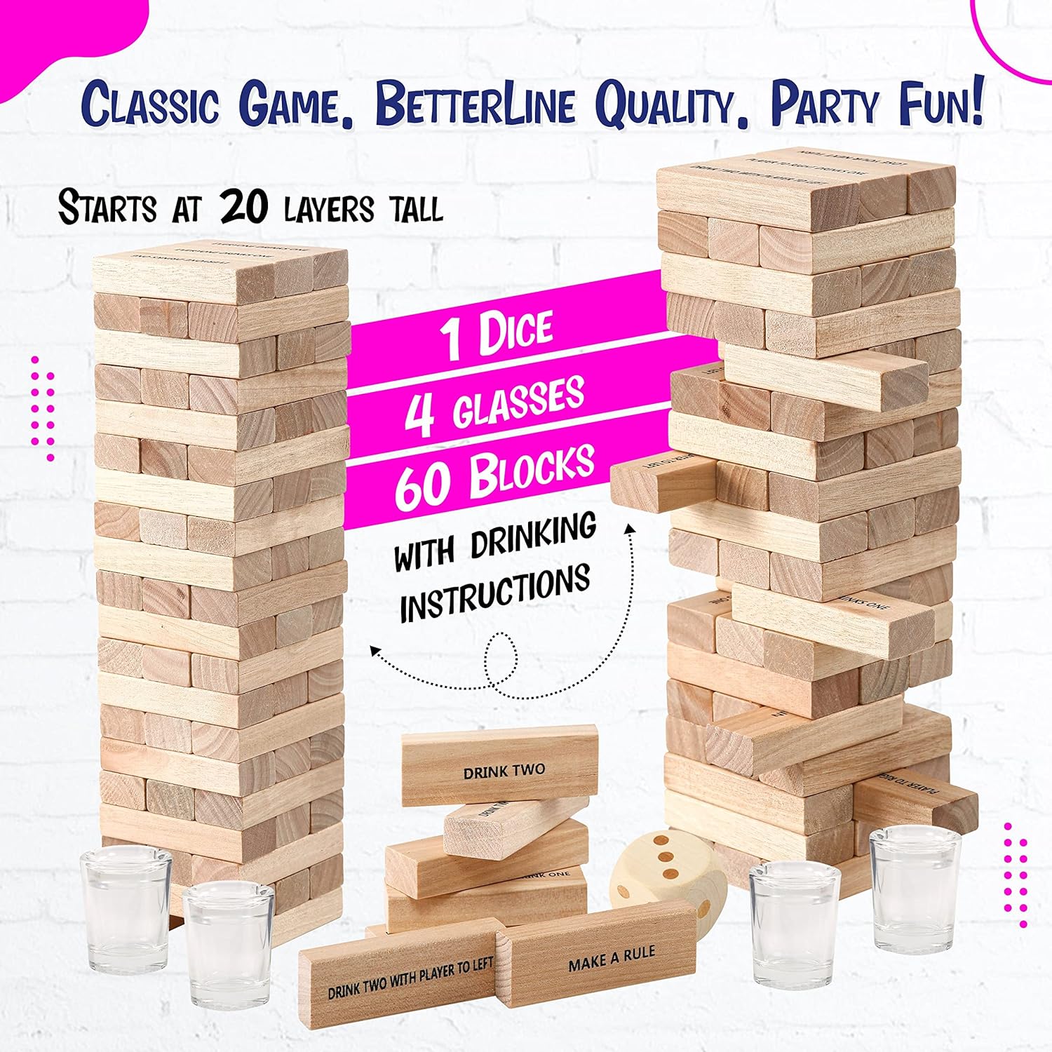 BETTERLINE Juego de madera de bloques apilables para beber  48 piezas  Torre para adultos  Juego de fiesta de amigos, despedida de soltero (60