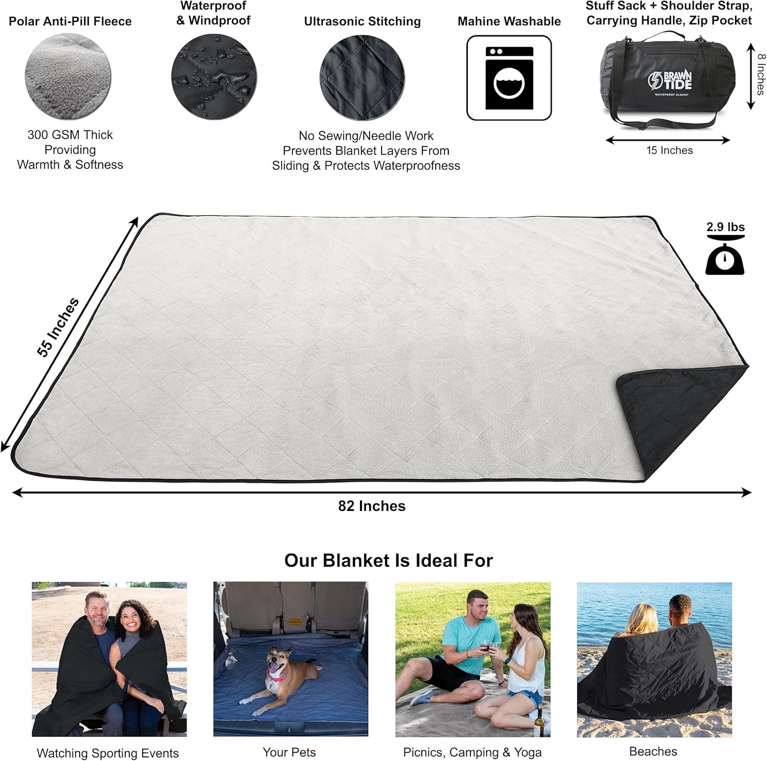 Brawntide – Manta grande impermeable para exteriores, acolchada, forro polar extragrueso, cálida, resistente al viento, a prueba de arena, incluye