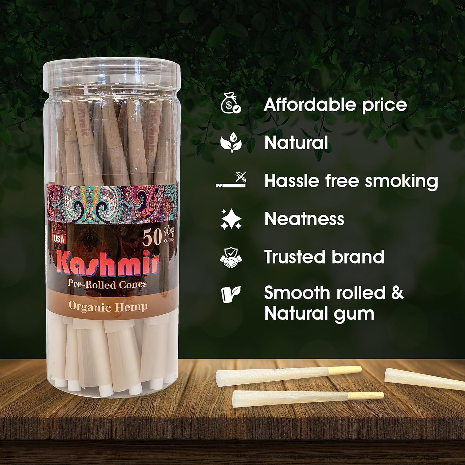Kashmir Cones Rolling Paper King – Papeles de liar – Conos orgánicos con puntas preenrollados conos preenrollados tamaño King 50 unidades