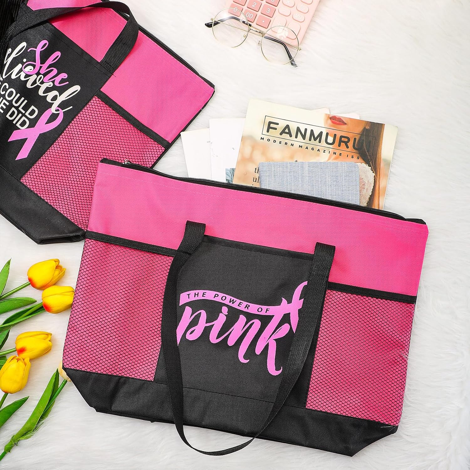 Set de regalo de concientización sobre el cáncer de mama para mujeres, bolsas de mano con letrero de cinta rosa