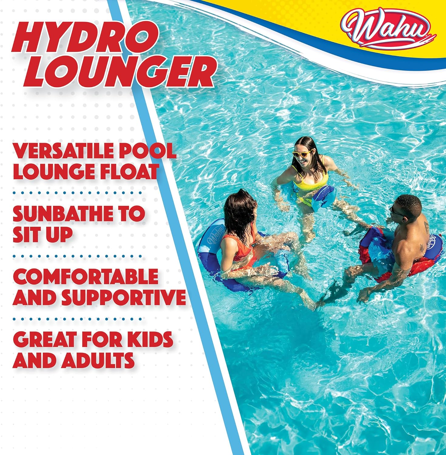 WAHU Hydro Lounger – Flotador versátil para tomar el sol, tumbona inflable para playa y piscina con válvula de infladodesinflado, azulazul claro