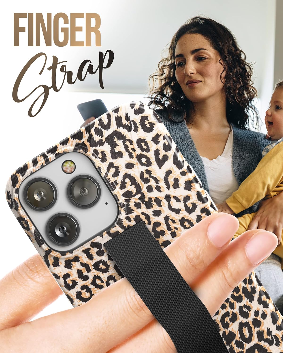 Funda de mano diseñada para iPhone 14 PRO con correa y protector de pantalla templado (leopardo)