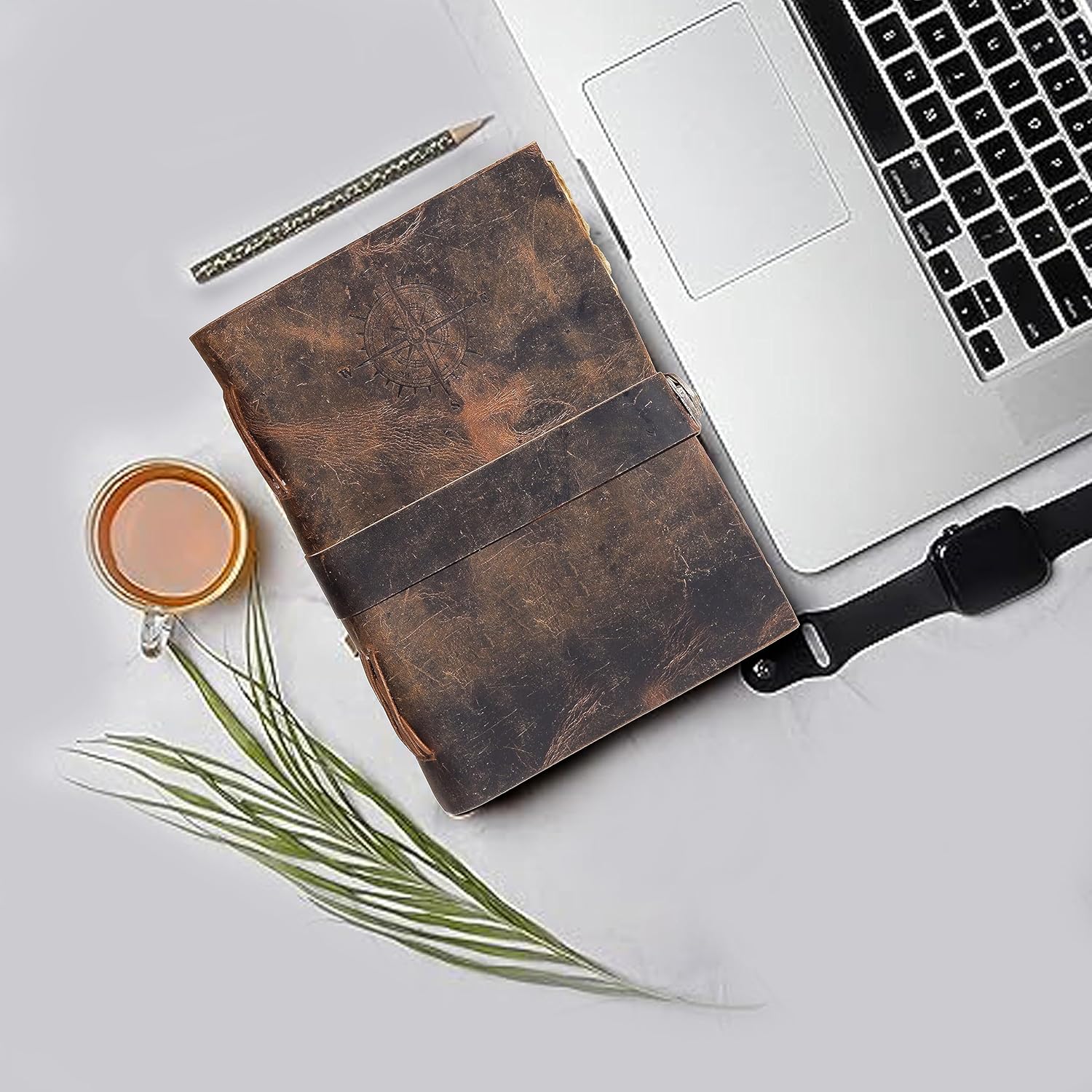 Diario de cuero vintage con brújula – Antiguo hecho a mano con candado Diario encuadernado en cuero con papel de borde de cubierta para diario de