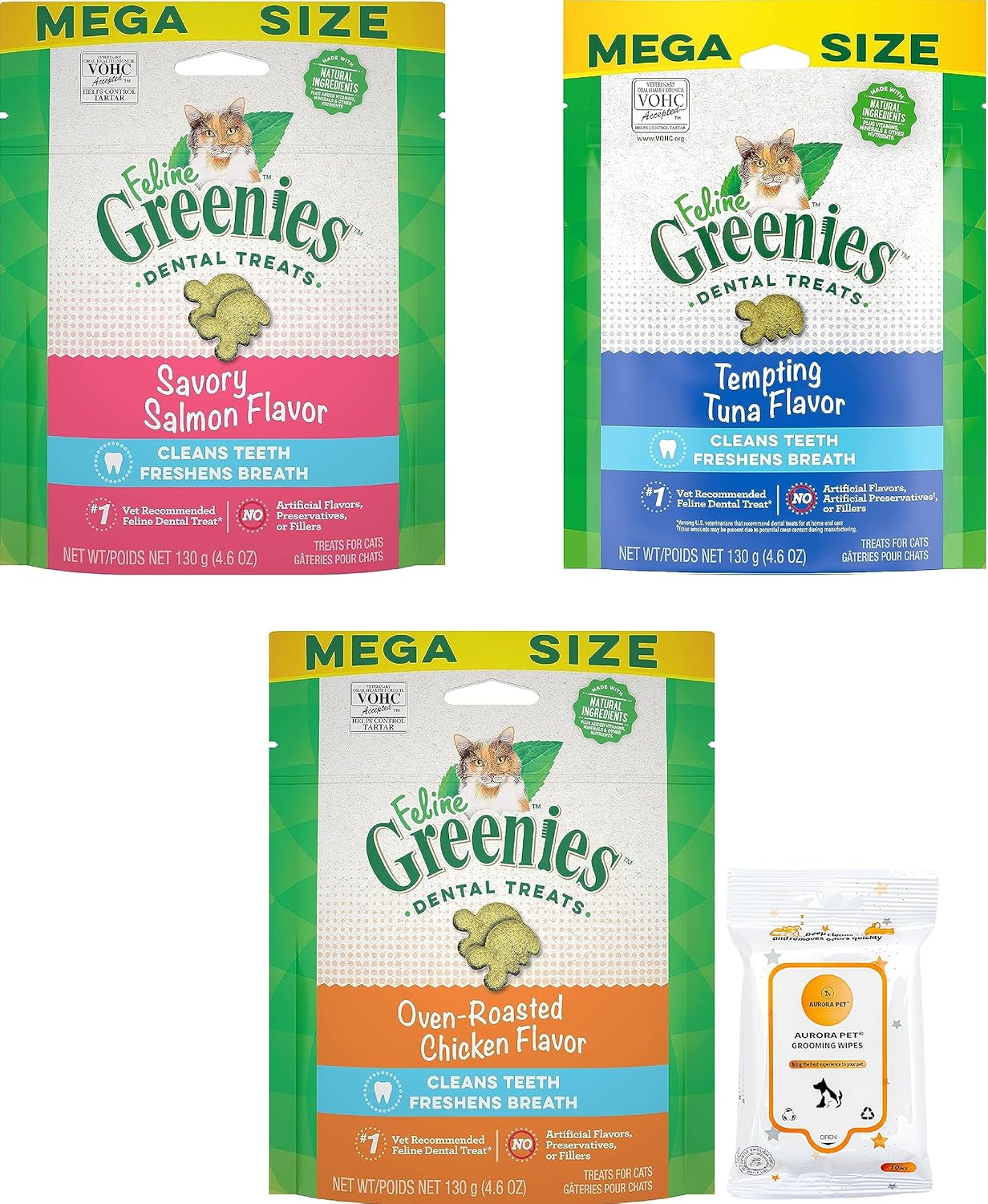 Paquete variado (3) Greenies Natural Dental Care – Golosinas para gatos (atún, salmón, pollo), tamaño mega (4.6 onzas cada uno, 13.8 onzas en total)