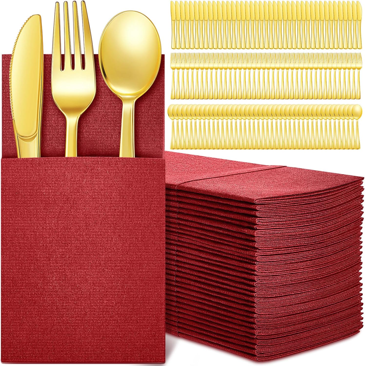Juego de 100 cubiertos de plástico dorado con bolsillo integrado para cubiertos, desechables, 100 tenedores, cucharas, cuchillos y 100 servilletas