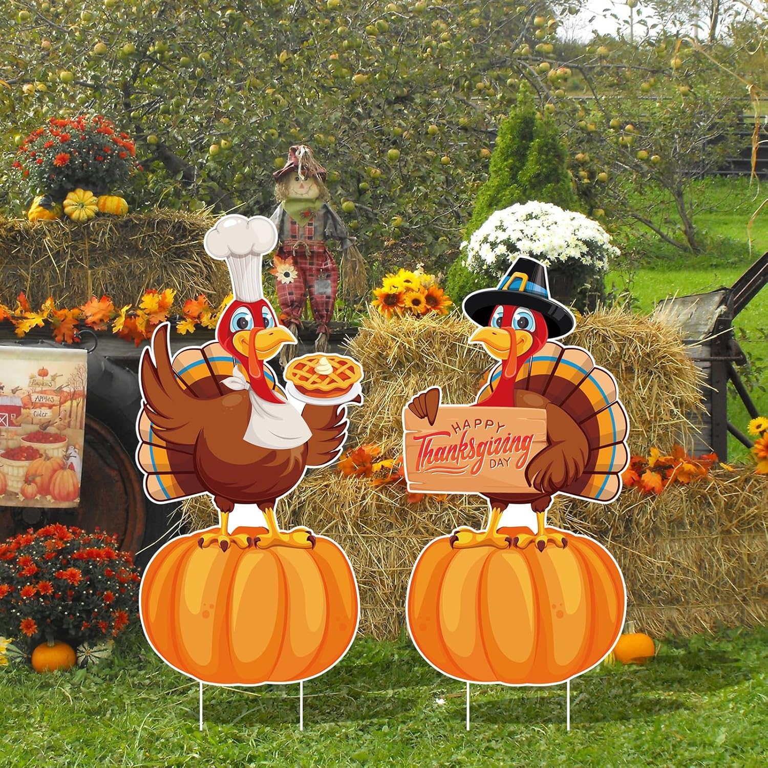 Letreros grandes de Acción de Gracias, 2 piezas con estacas, decoraciones de feliz Acción de Gracias, pavo al aire libre, calabazas, cosecha,