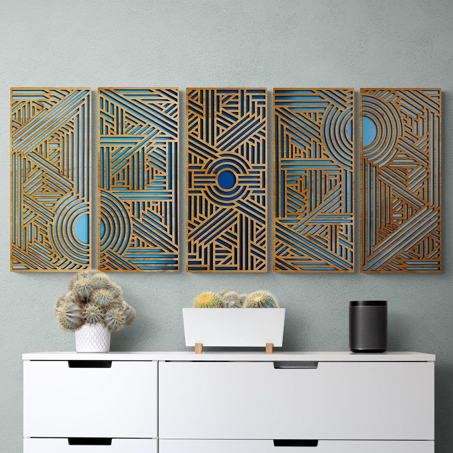 Geometric Wall Art  5 Panel Art Deco Wall Decor  Layered Wood Wall Sculpture