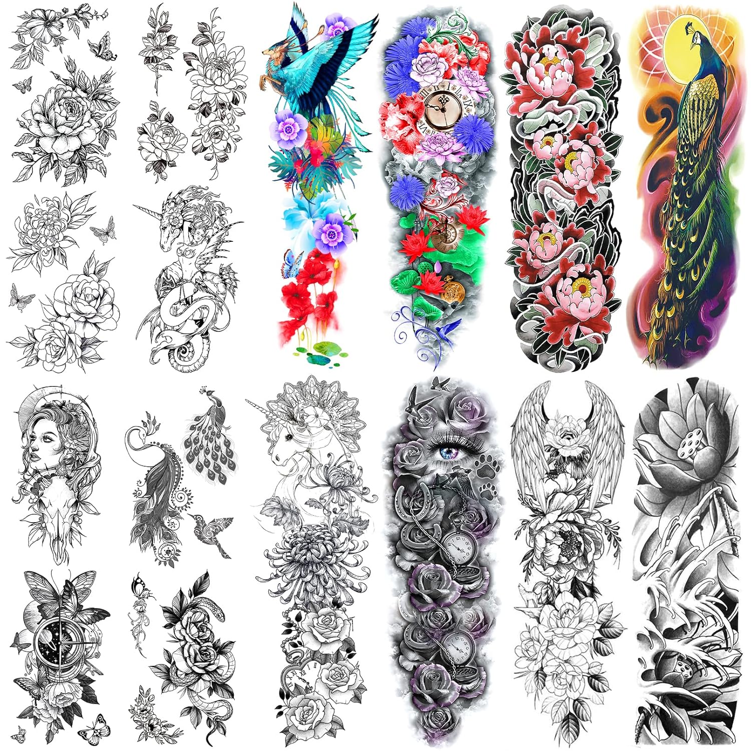CUTELIILI 20 hojas de tatuaje temporal impermeable de Halloween para mujeres (22.8 x 7 pulgadas), cuerpo completo y medio brazo, pierna, 3D,