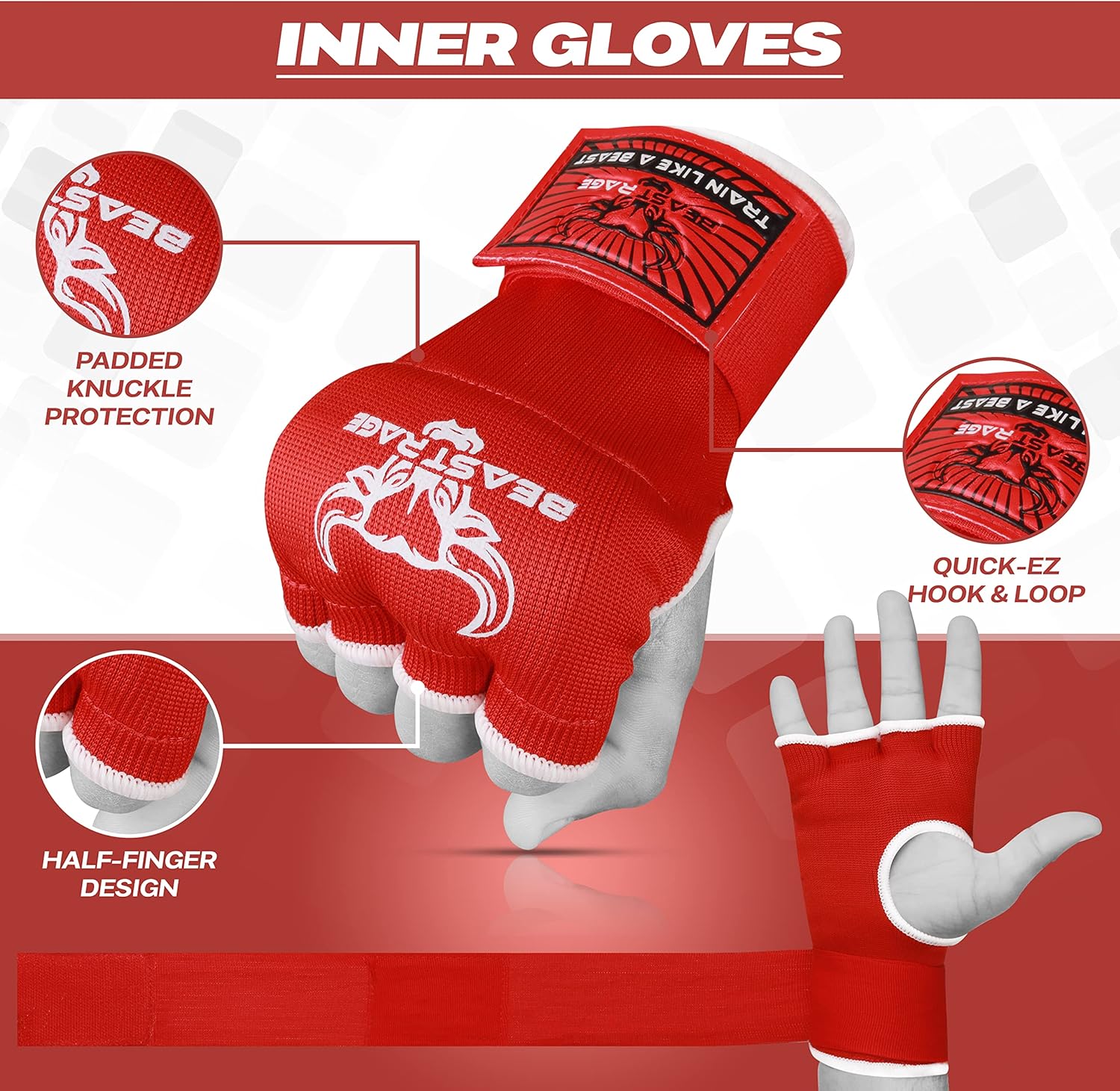 BEAST RAGE Guantes interiores con envolturas de mano, envoltura rápida, largo de 36 pulgadas, soporte de muñeca de MMA, vendajes Muay Thai,