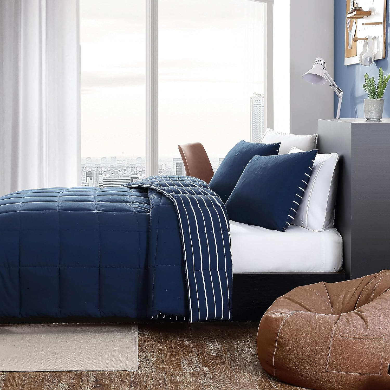 Nautica – Juego de edredón tamaño King, juego de ropa de cama reversible de algodón, decoración del hogar para todas las estaciones (Longdale Stripe
