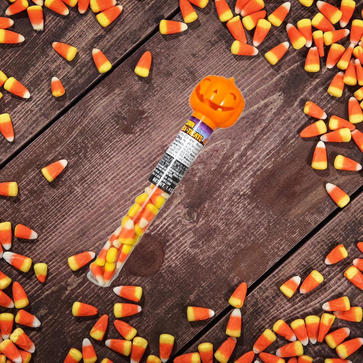 Tubos de plástico naranja con tapa de calabaza, caramelos, maíz, golosinas de Halloween, recuerdos de fiesta, caramelos con sabor artificial para