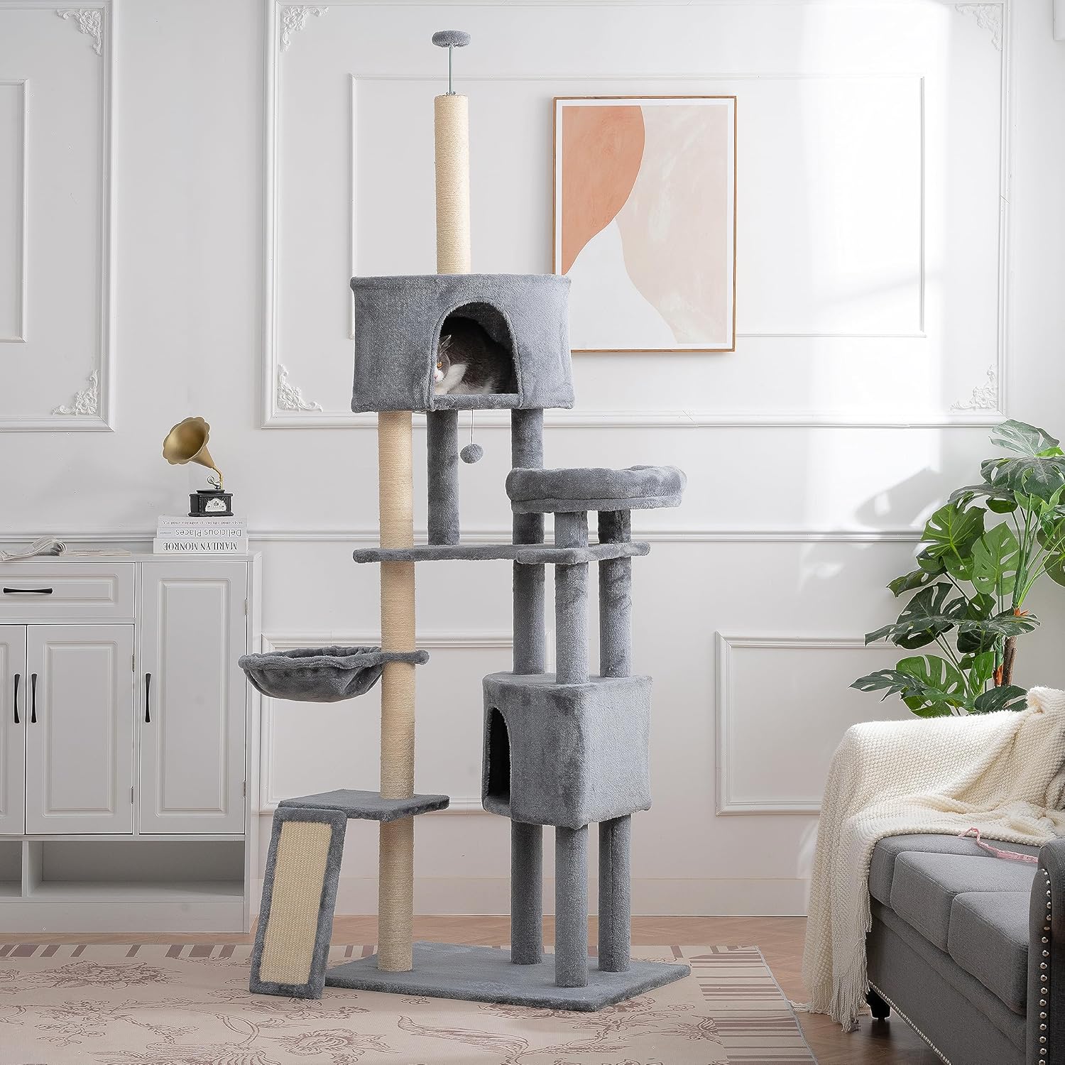 JINTANGLI PET Árbol moderno para gatos, torre grande de varios niveles para gatos con condominio y cesta colgante, árbol alto para gatos con postes