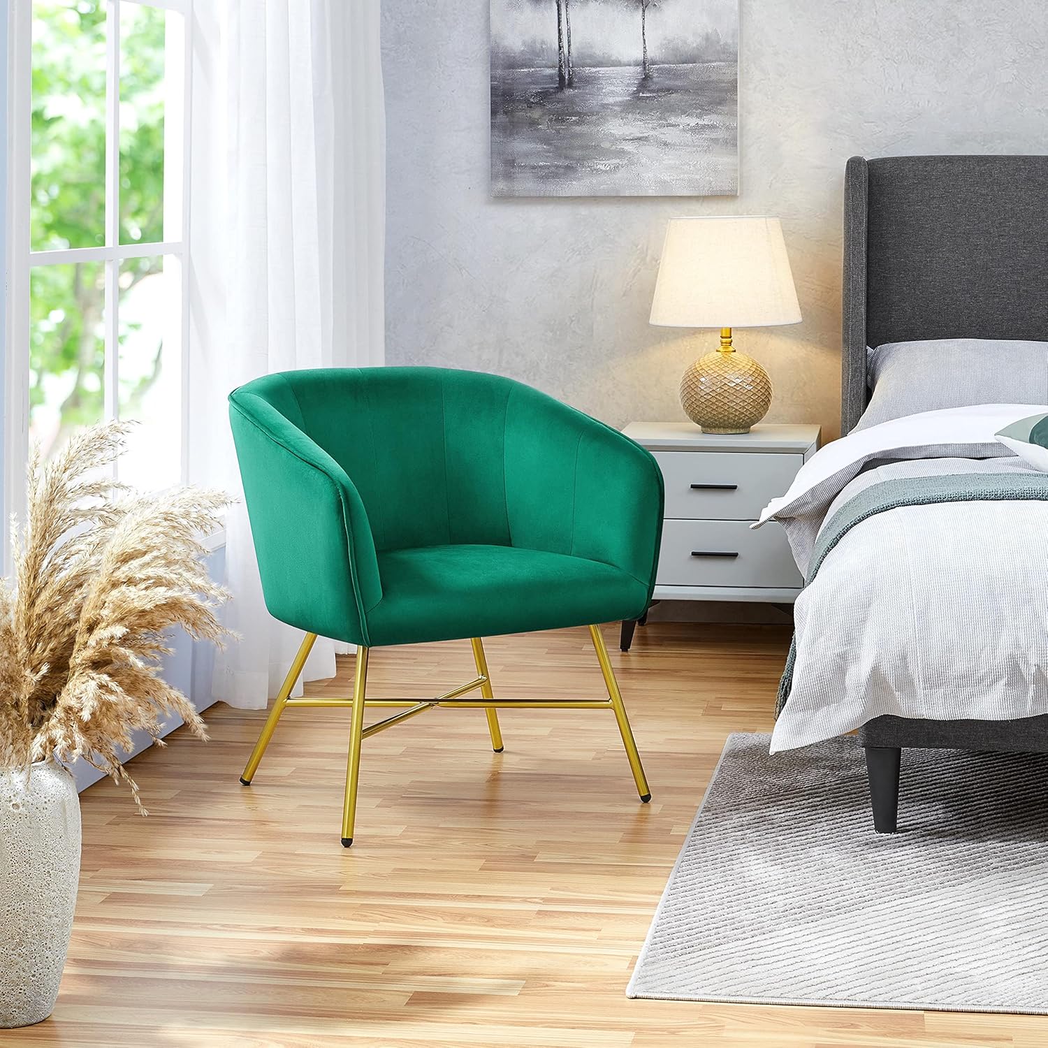 Yaheetech Silla de sala de estar, moderna silla de terciopelo suave con patas de metal dorado y acolchado suave para sala de estar, dormitorio, sala