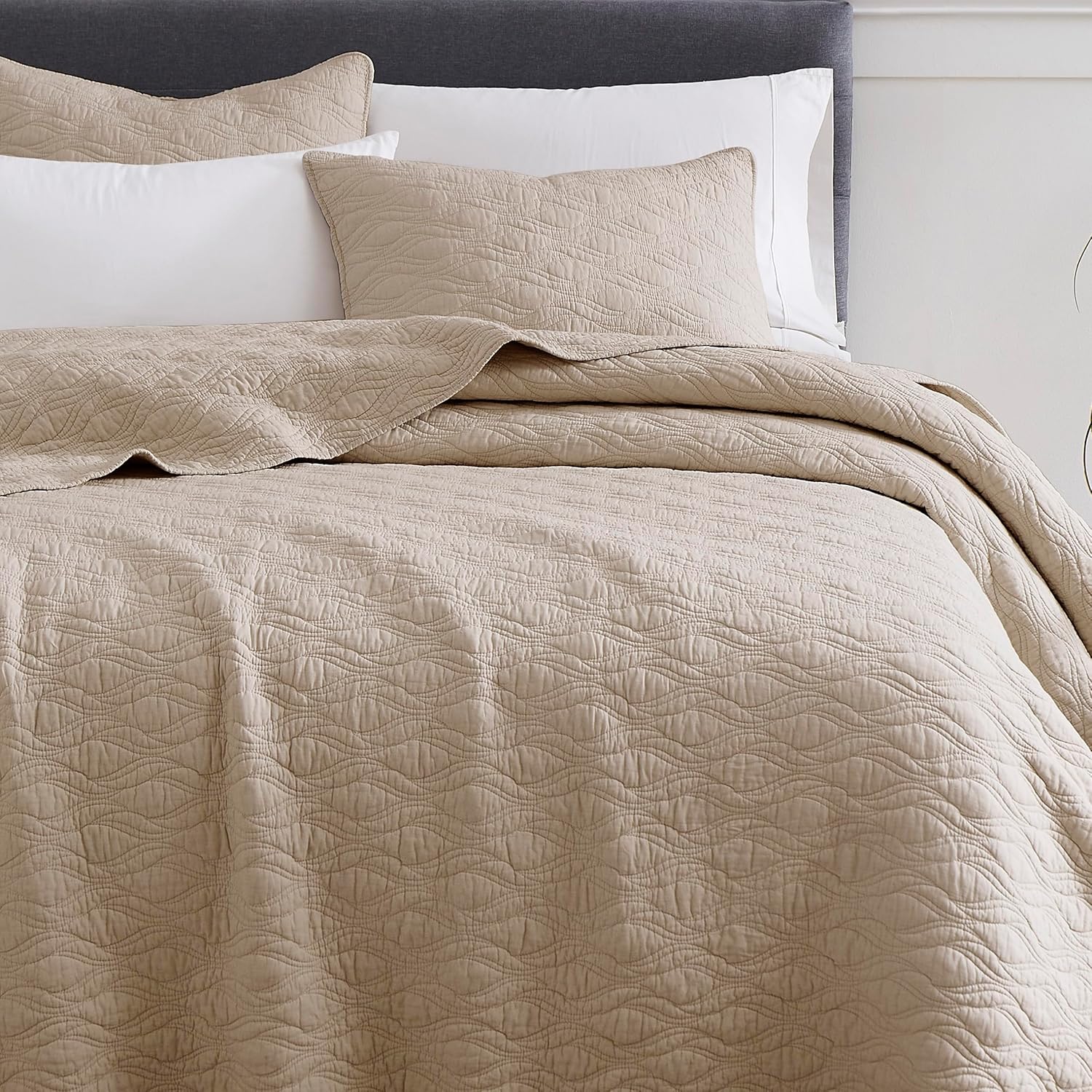 Juego de ropa de cama de 100 % algodón beige con fundas de almohada, colcha ligera y suave de gran tamaño, funda de cama acogedora para todas las