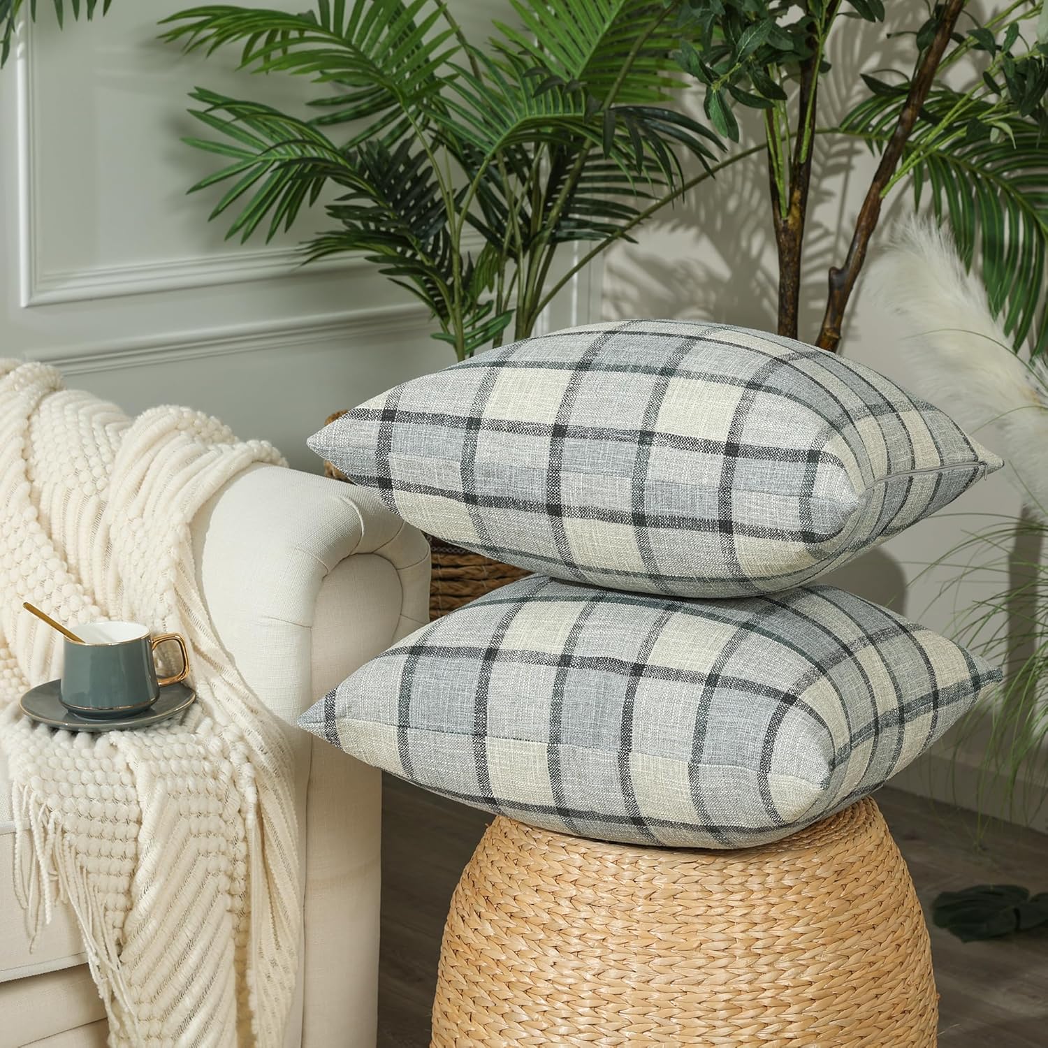 Stellhome Paquete de 2 fundas de almohada de lino a cuadros de búfalo, fundas de cojín decorativas para sofá, sala de estar, 18 x 18 pulgadas, gris