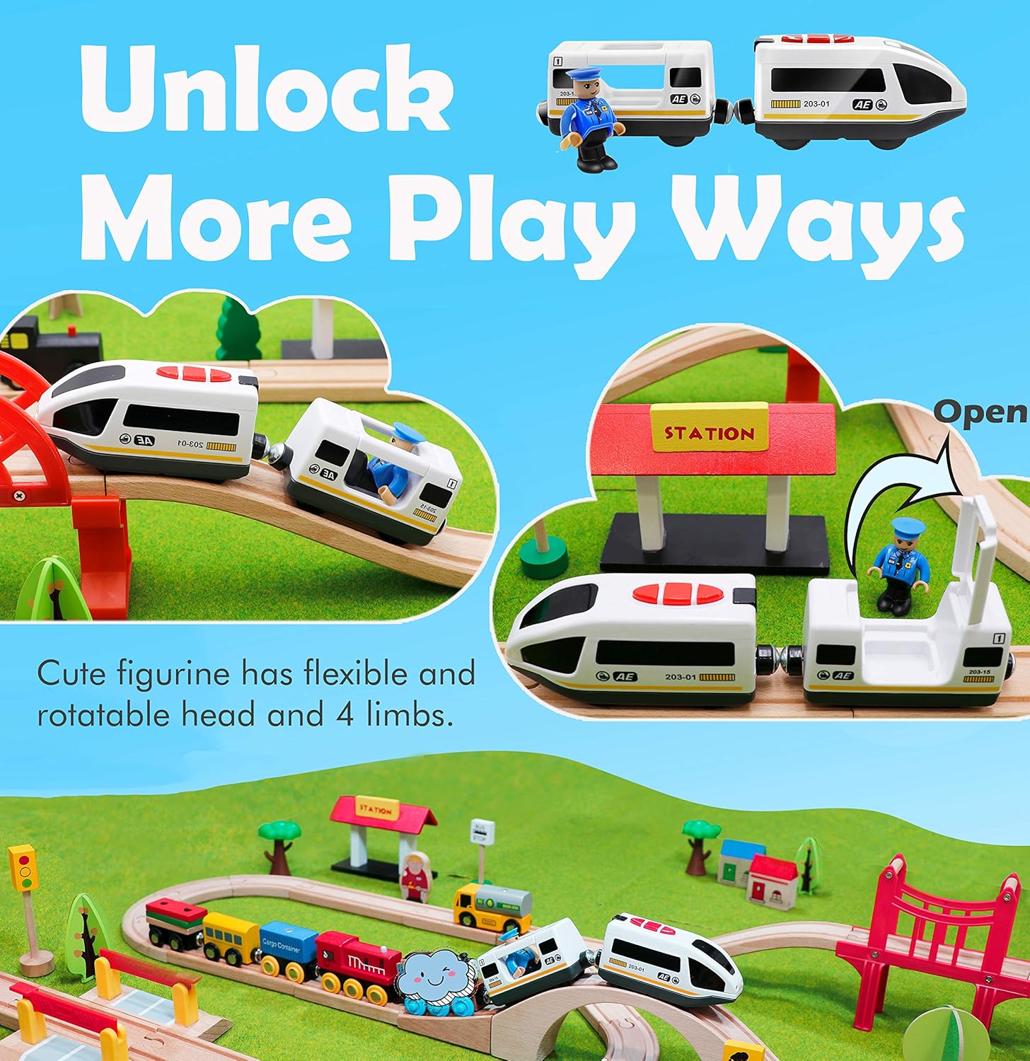 Tiny Land Battery Operated Action Locomotive Train (Magnetic Connection)- Powerful Engine Bullet Train Set Compatible with Thomas, Brio, Chuggington
