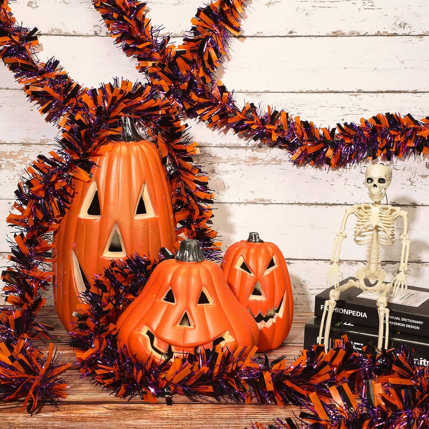 Guirnalda de oropel de Halloween de 12 piezas de 79 pies con diseño metálico brillante para colgar, colores mezclados, negro, naranja y morado, para