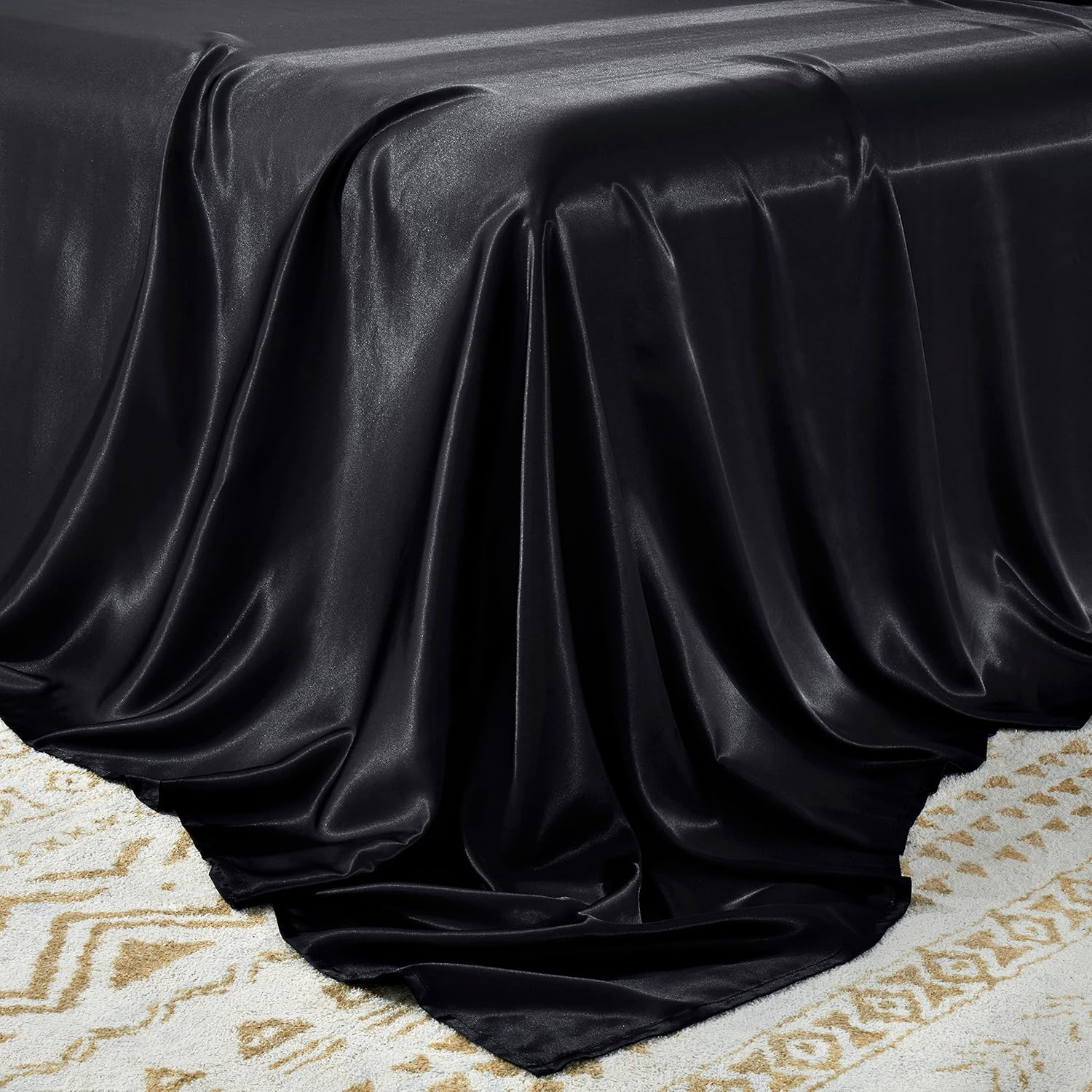 Sábana encimera de satén tamaño King, lujosa y sedosa sábana de cama suave, color negro