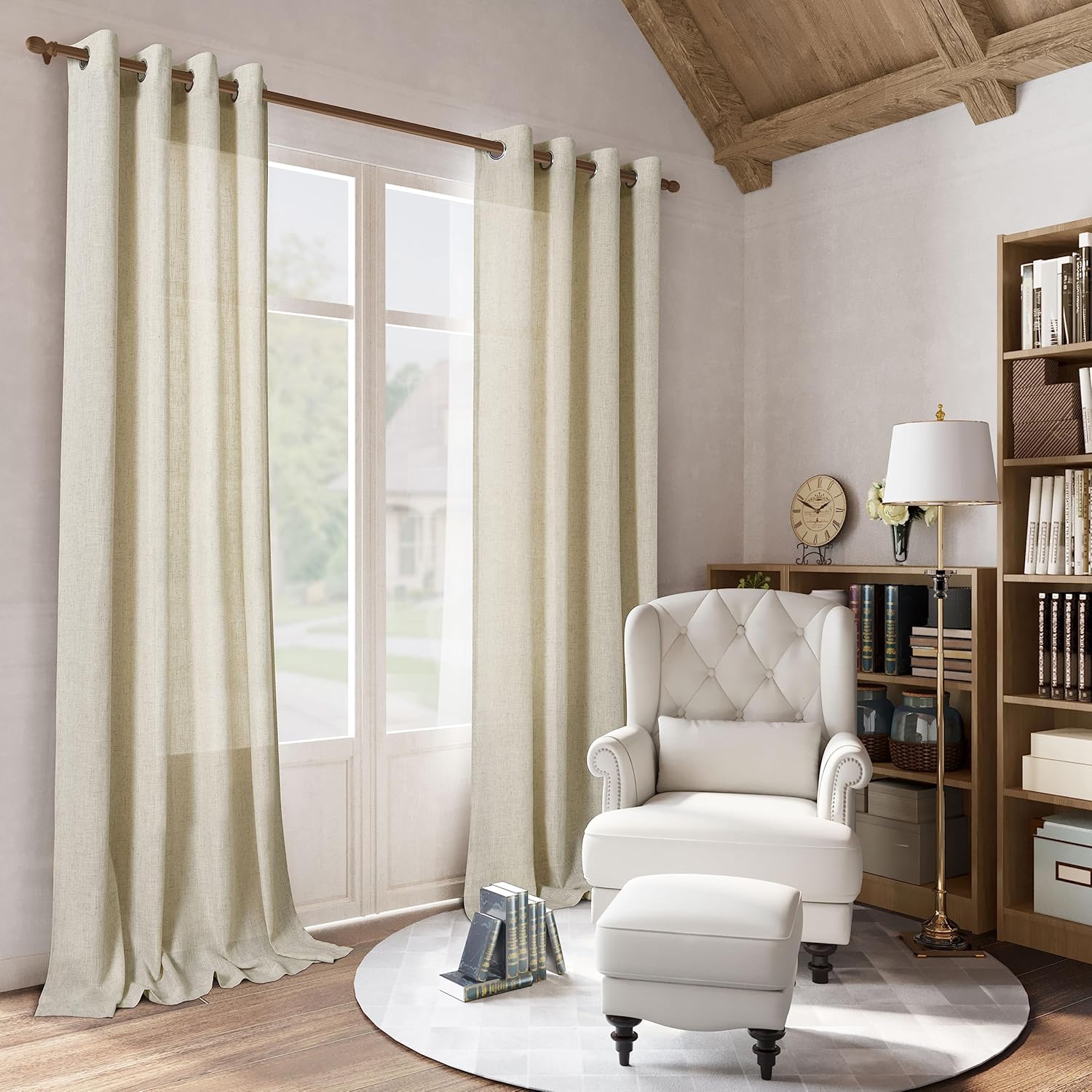 Cortinas de lino beige de 96 pulgadas de largo para dormitorio, cortinas de lino semitraslúcidas que filtran la luz, para sala de estar, casa rural