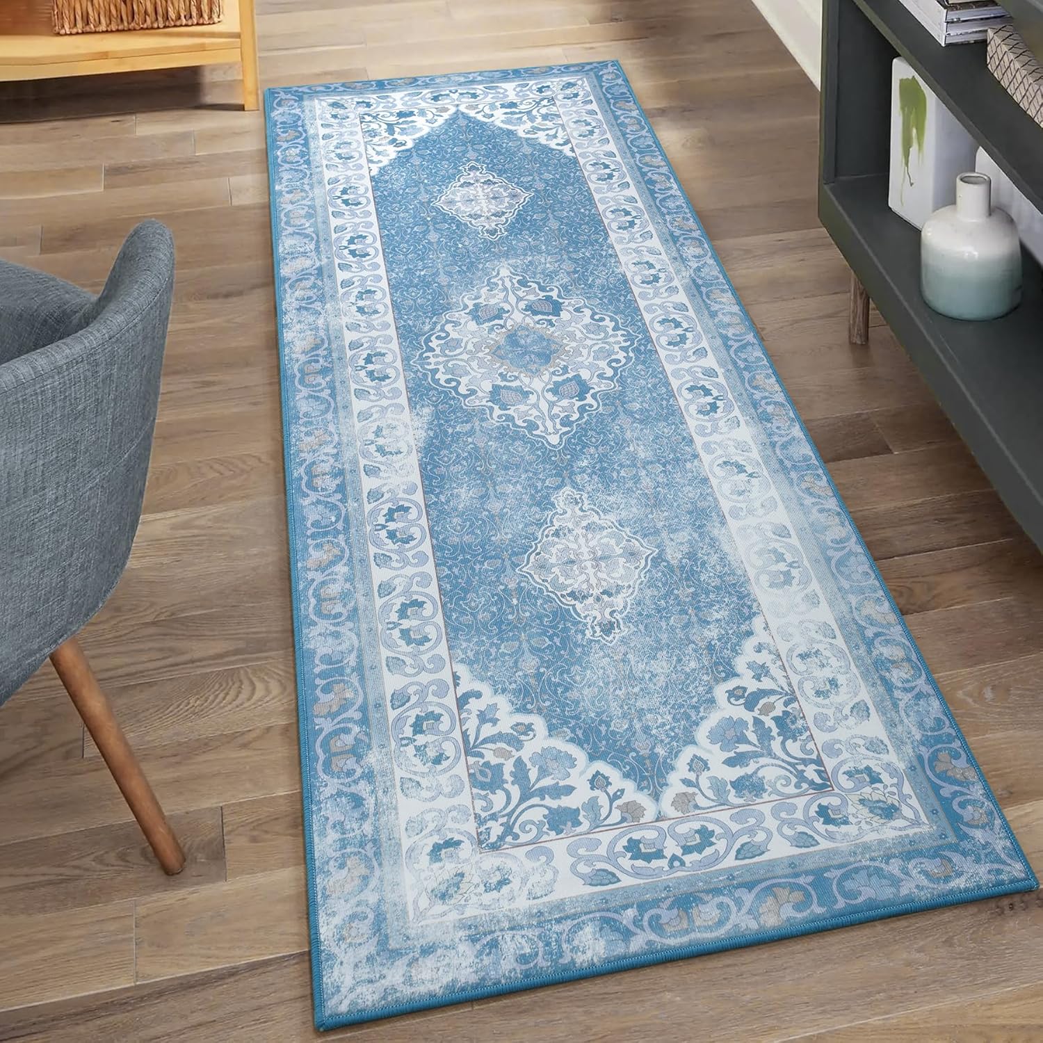 Alfombra de pasillo para dormitorio, alfombra azul de 2 x 6 pulgadas, alfombra floral pequeña para cocina, lavandería, entrada, alfombra de