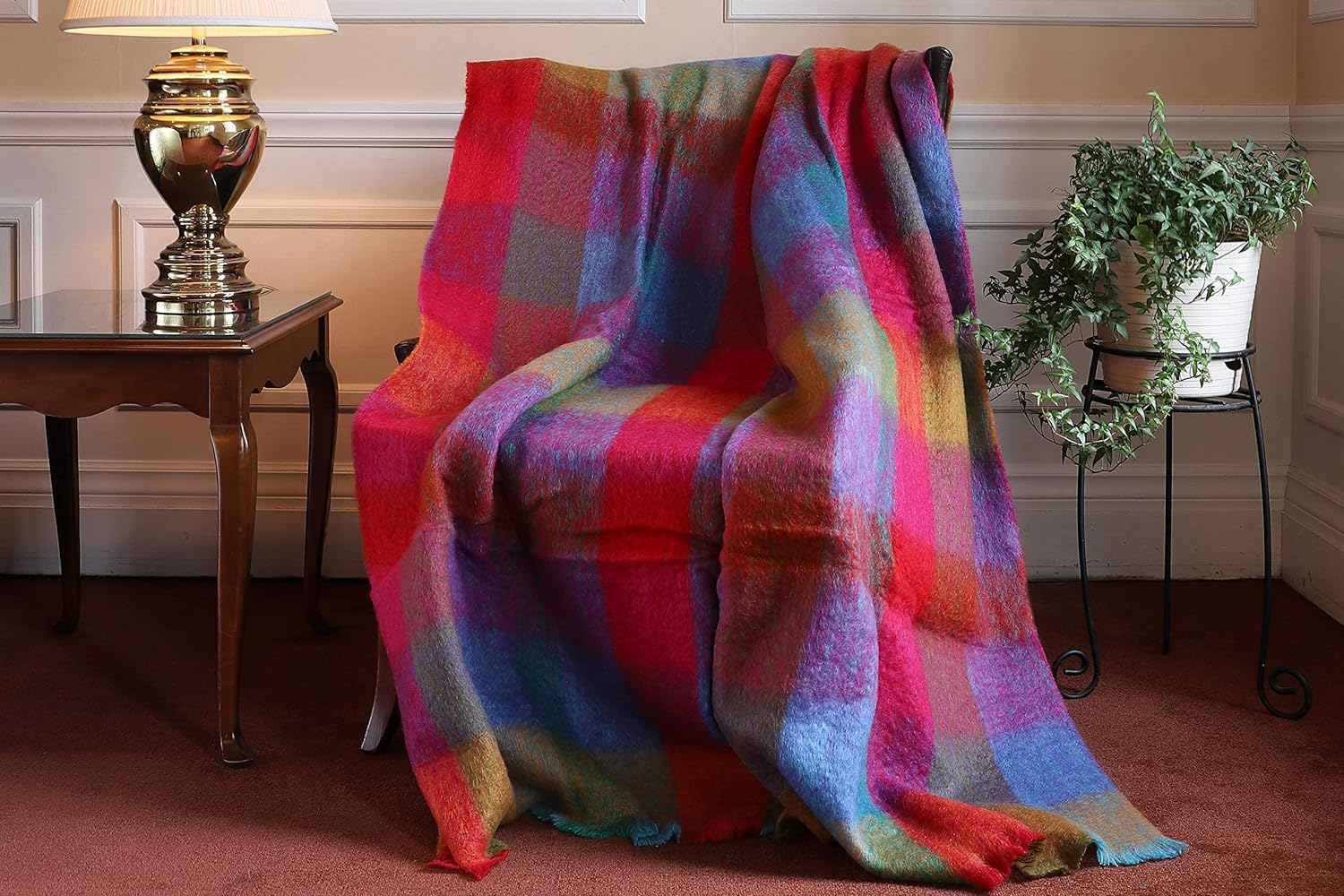 Manta de lana y mohair de angora irlandés genuina de Irlanda, 72 x 54 pulgadas, estilo celta tradicional, sensación y calidez supersuaves, cuadros