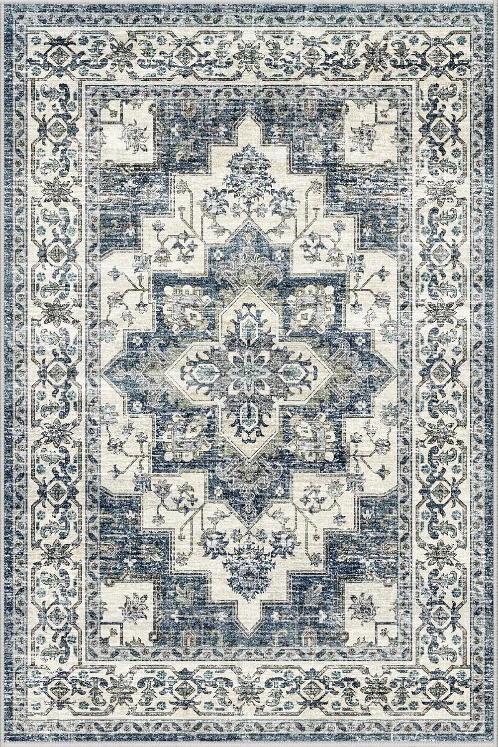 Dripex Alfombra vintage lavable de 5 x 8 pies, estilo bohemio, envejecida, para sala de estar, dormitorio, medallón oriental con estampado floral,