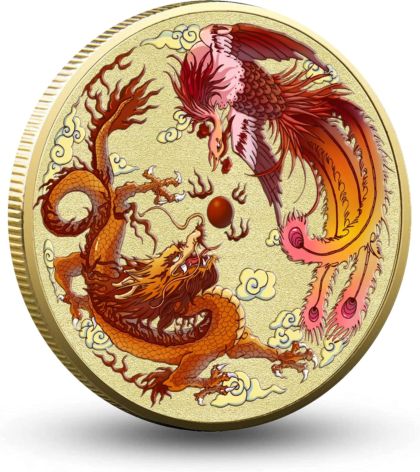 Colorido dragón chino y fénix moneda de la suerte – Rascador de boletos de lotería – Atrae buena fortuna – Moneda de desafío de buena suerte