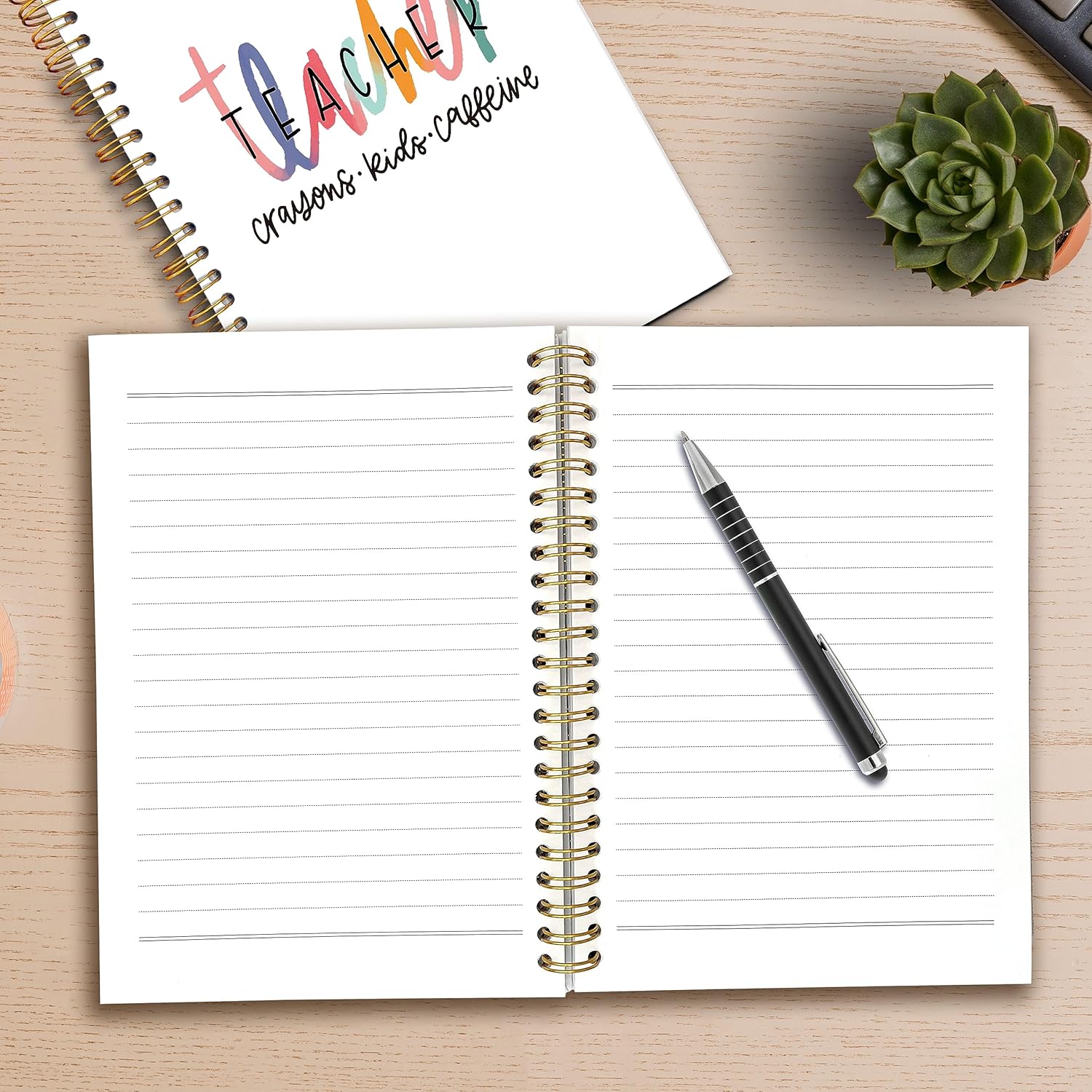 Cuaderno en espiral de cafeína con diseño de crayones pastel para profesores, cubierta dura laminada, con rayas universitarias de 5.5 x 8.3