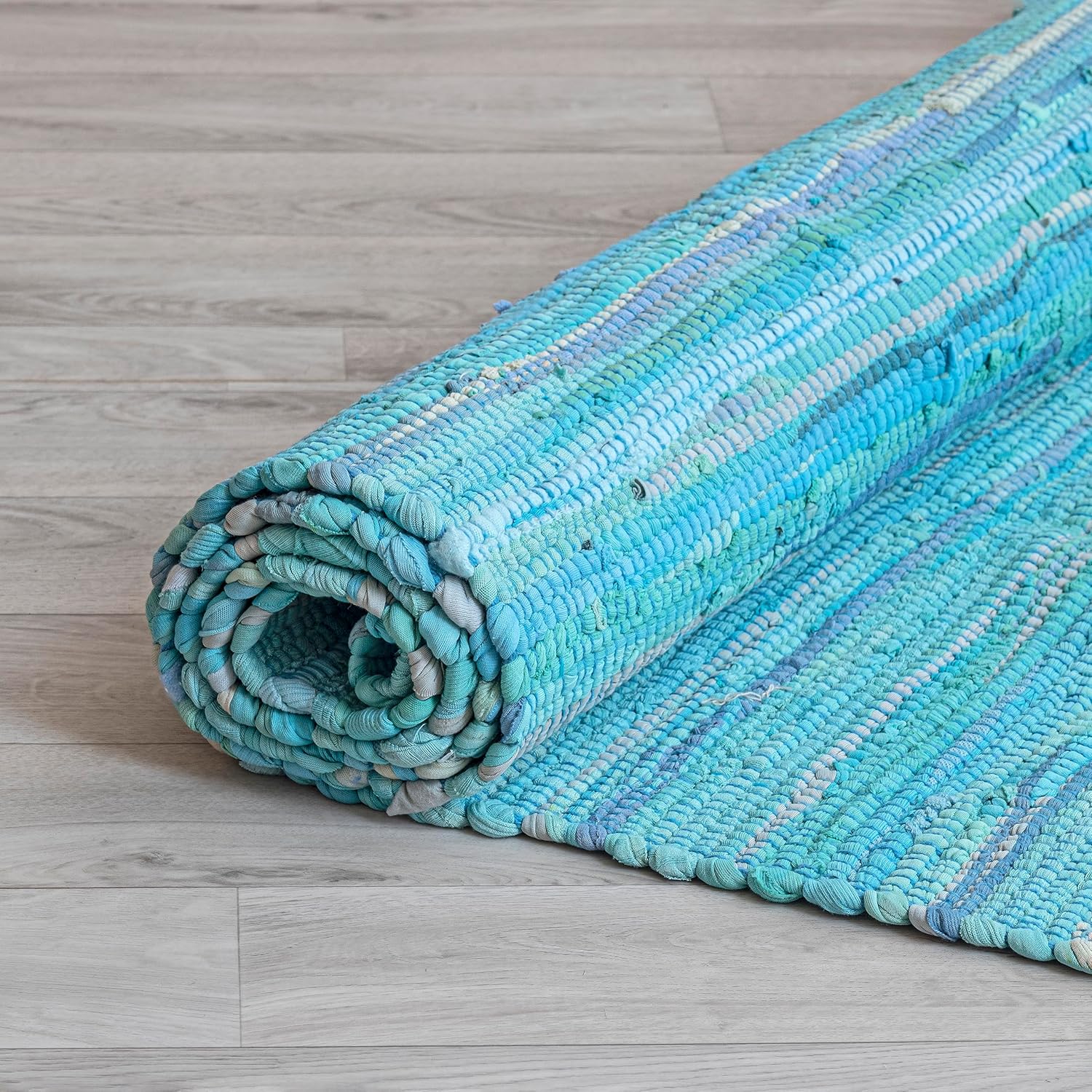 HOMEMONDE Home Collection Alfombra de trapo, tejida a mano, color verde azulado, 4 x 6 pies, alfombra Chindi de algodón reciclado para sala de