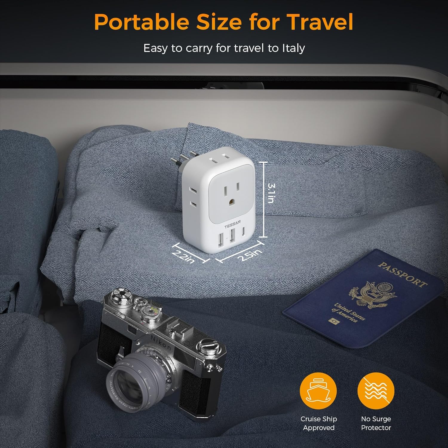 TESSAN – Adaptador de enchufe para Italia, paquete de 2 unidades, adaptador de corriente con 4 tomacorrientes, 3 cargadores USB (1 puerto USB C),