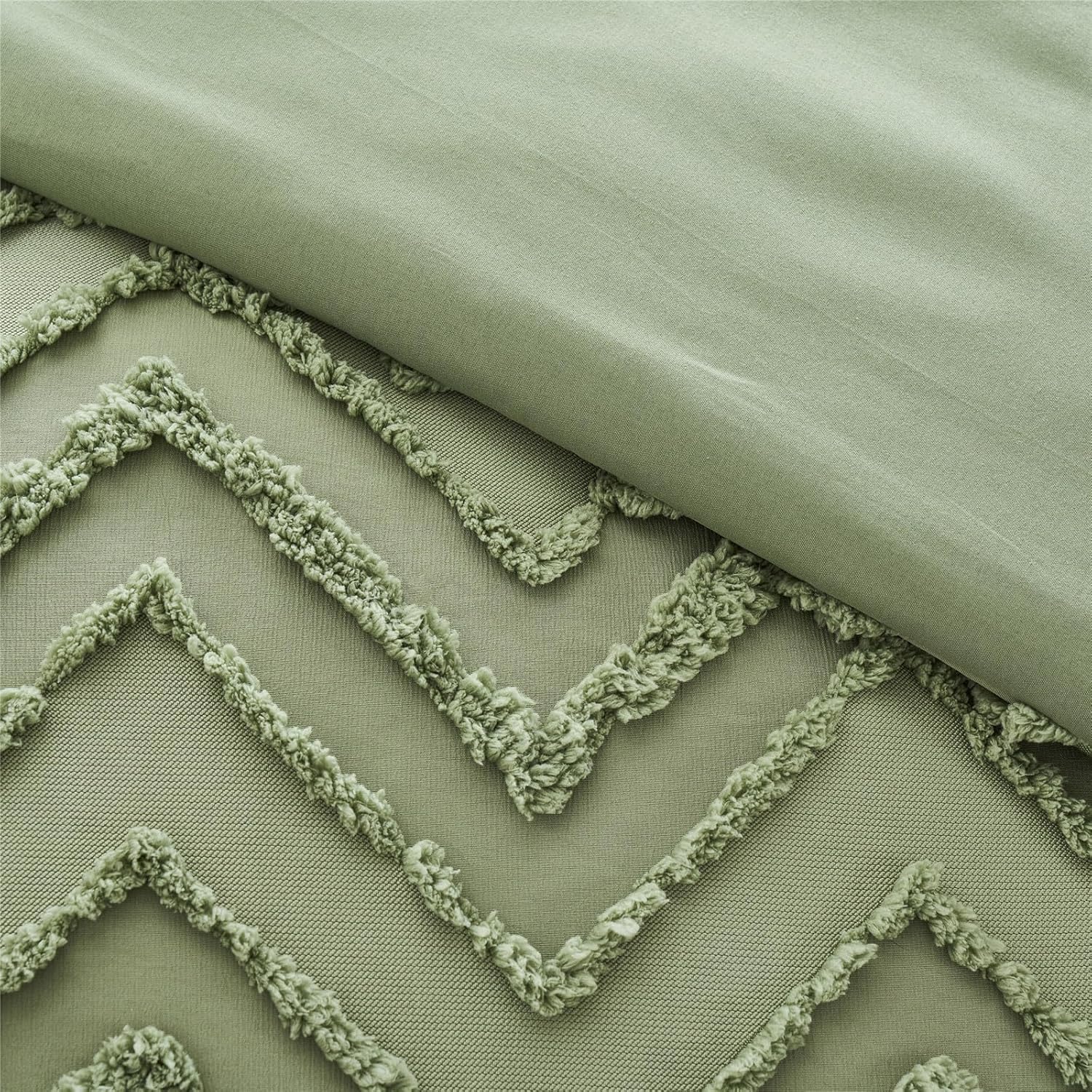 KAKKI Juego de edredón y sábanas de 7 piezas tamaño King en una bolsa, diseño de cheurón verde salvia, juego completo de ropa de cama de microfibra