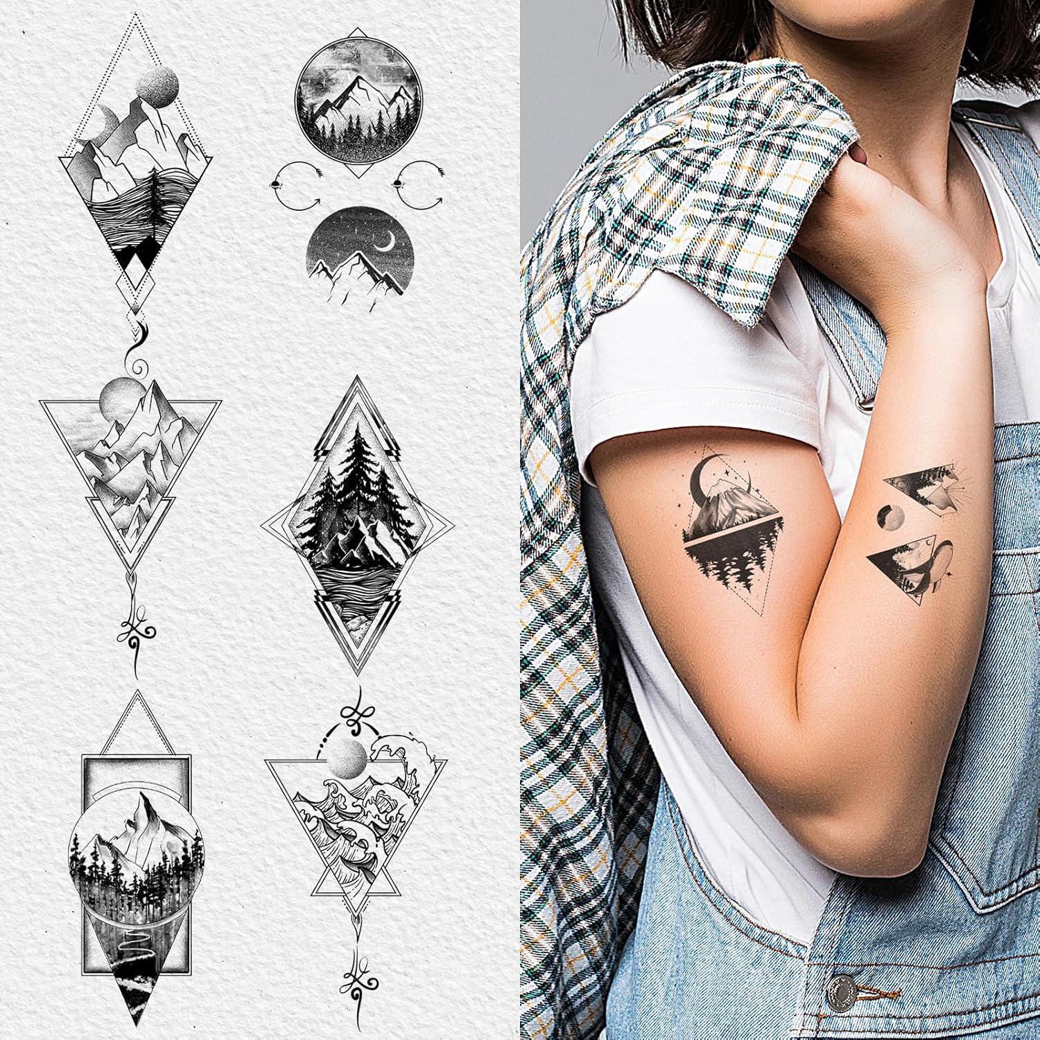 66 estilos pequeños de larga duración tatuajes temporales para adultos, tatuajes falsos de montaña, tatuajes temporales realistas temporales para
