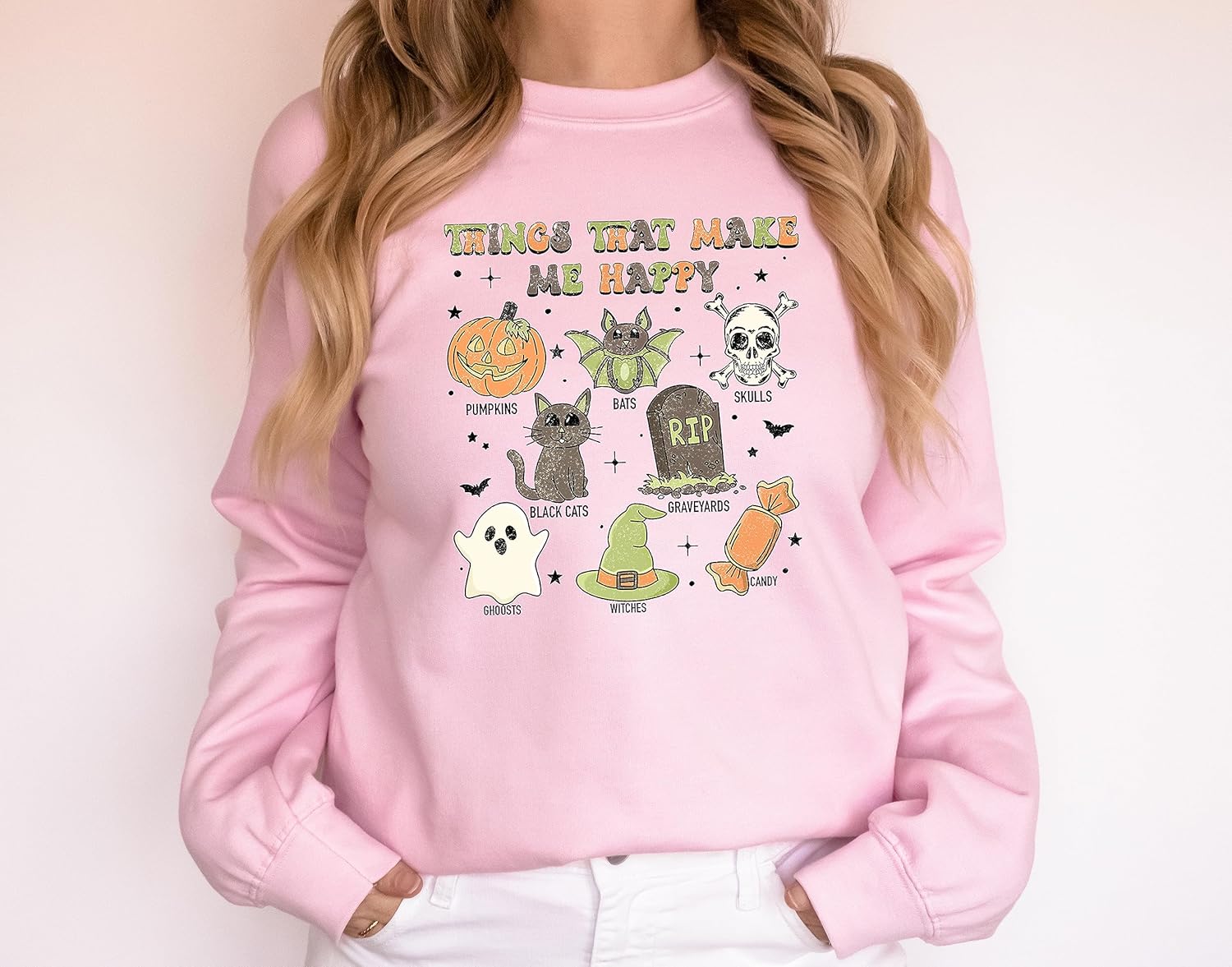 ElixirStreet Halloween Hoodies, Retro Things That Make Me Happy Halloween Sweatshirt, Cute Halloween, Graphic Tee, Cute Spooky, Skull Sweater,