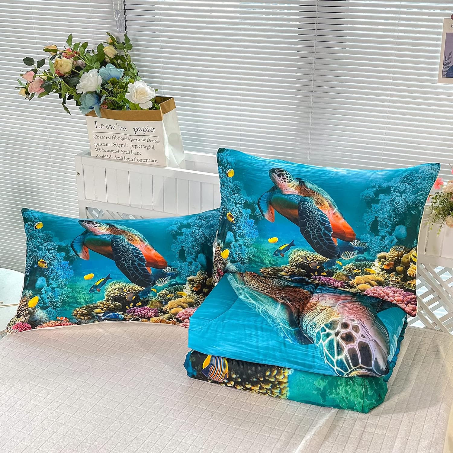 CVHOUSE Juego de ropa de cama de tortuga marina, edredón de tortuga marina, juego de edredón de playa oceánica para niños y niñas, juego de edredón