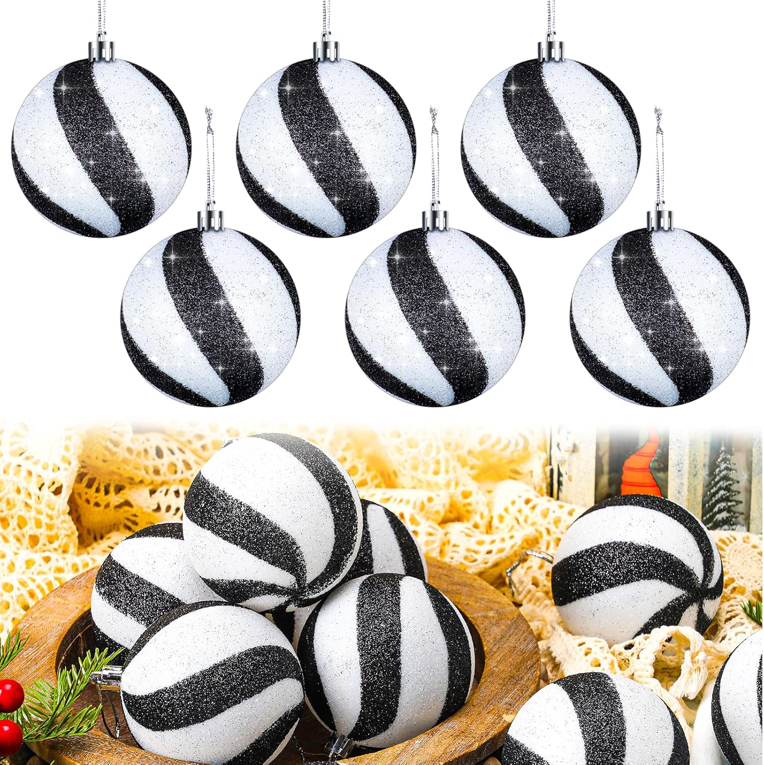 Liliful 12 bolas de Navidad de 3.15 pulgadas, con purpurina, decoración de árbol de Navidad, adornos de Navidad pintados de plástico, adornos para
