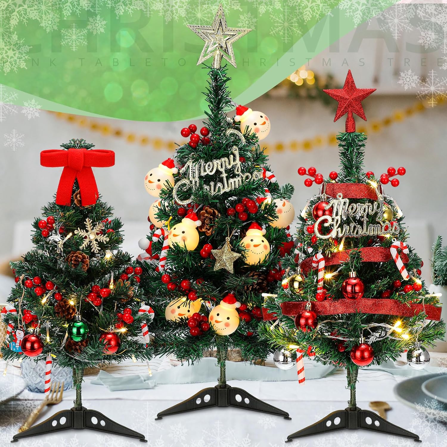 3 piezas de mini árbol de Navidad artificial de escritorio con luces LED y adornos de 182022 pulgadas, árbol de Navidad de mesa para decoración de