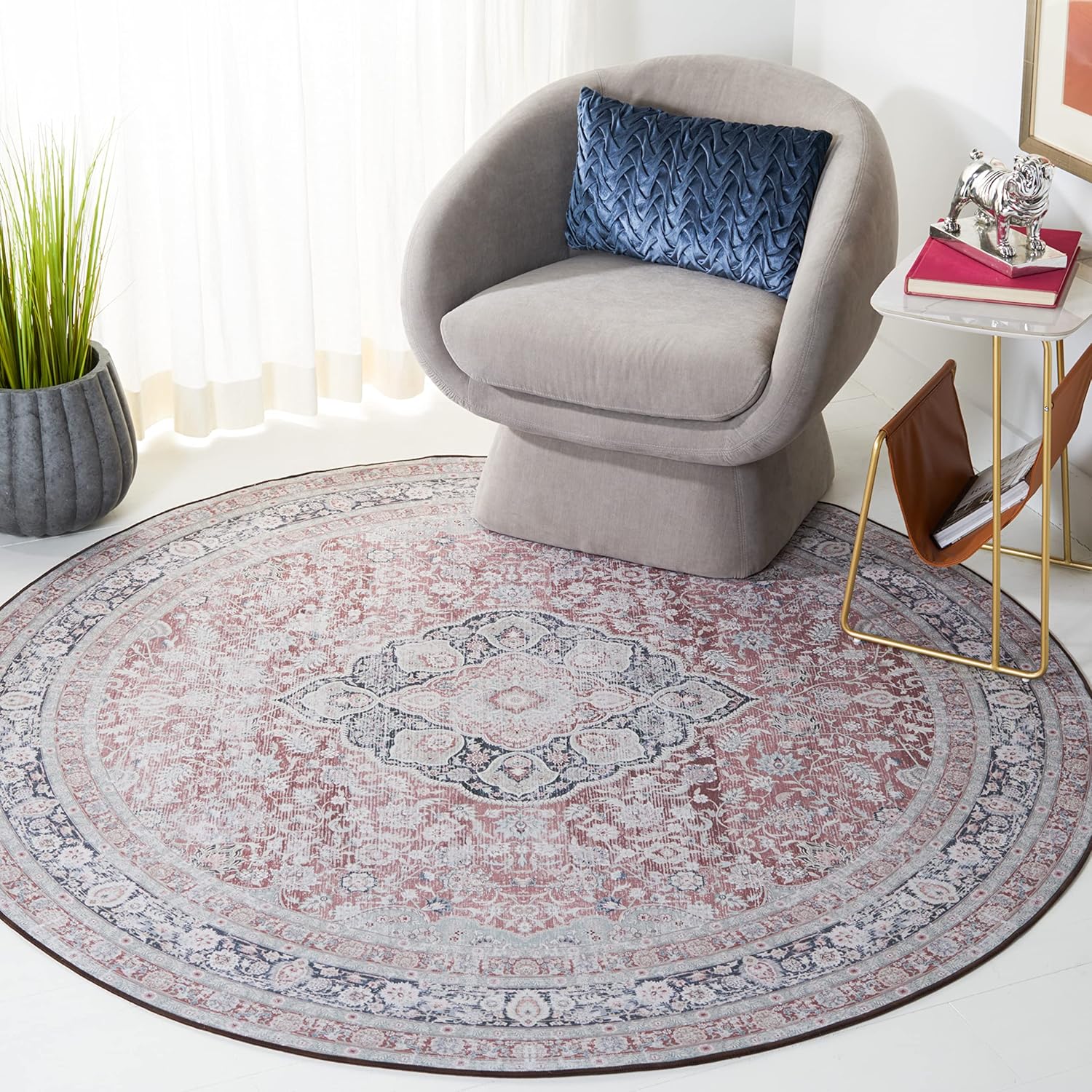 SAFAVIEH Tucson Collection – Alfombra redonda de 6 pies, diseño de medallón persa, no desprende pelusa, lavable a máquina y antideslizante, ideal