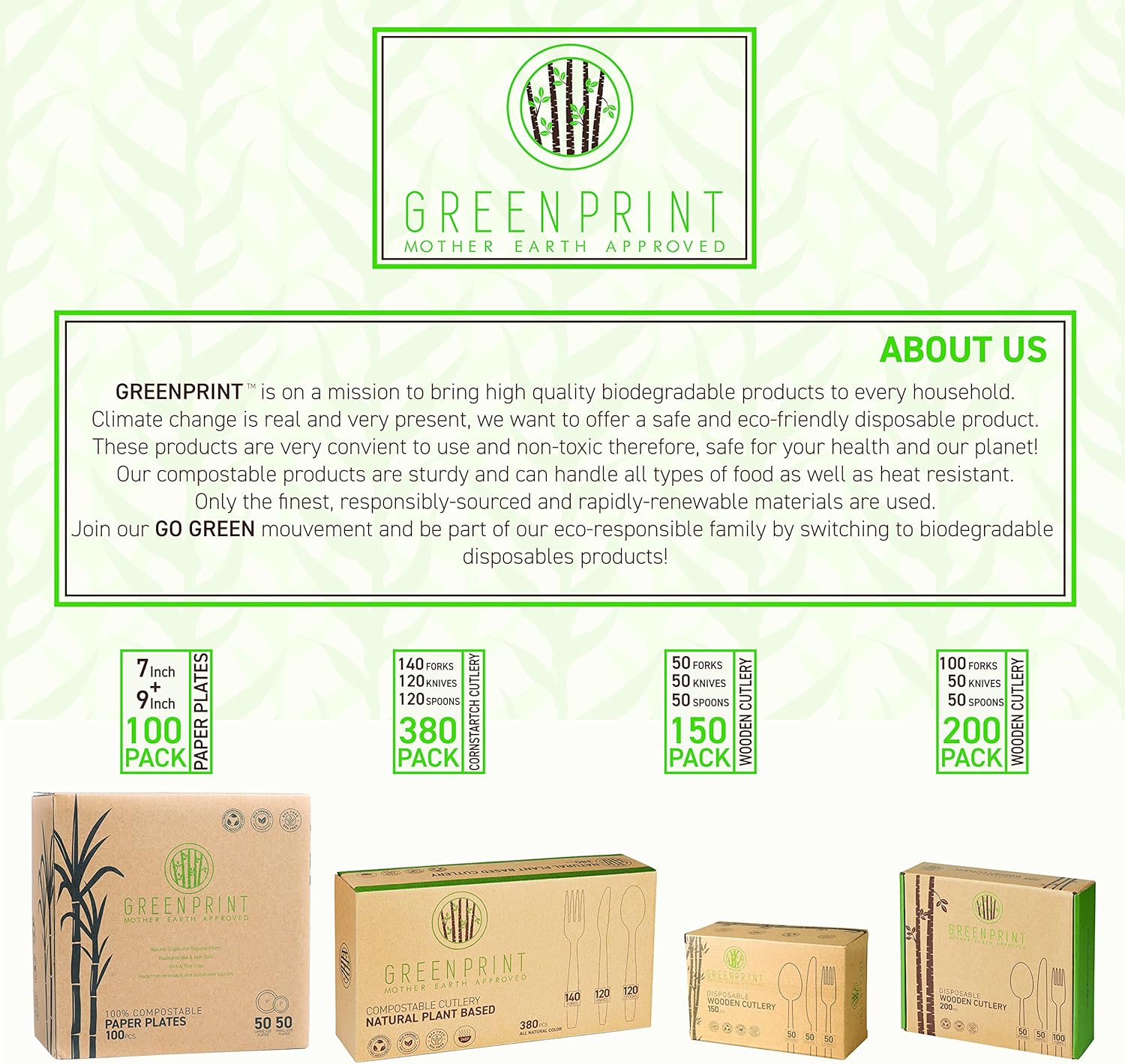 GREENPRINT Juego de cubiertos compostables (paquete de 150) 50 tenedores, 50 cucharas, 50 cuchillos, cubiertos desechables biodegradables,