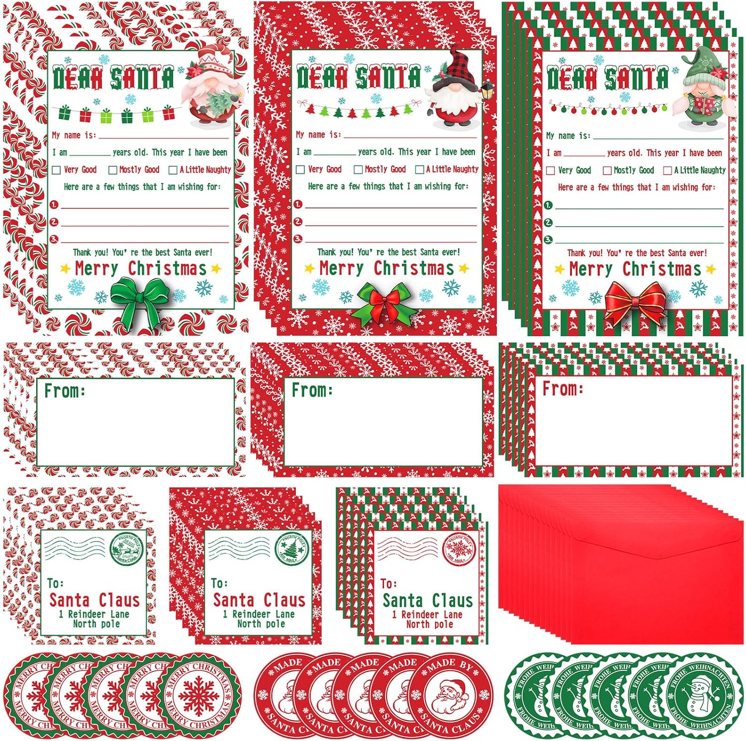 Juego de 75 cartas a Santa para escribir listas de deseos de Navidad, juego de 15 tarjetas navideñas con sobres rojos y calcomanías, regalo de