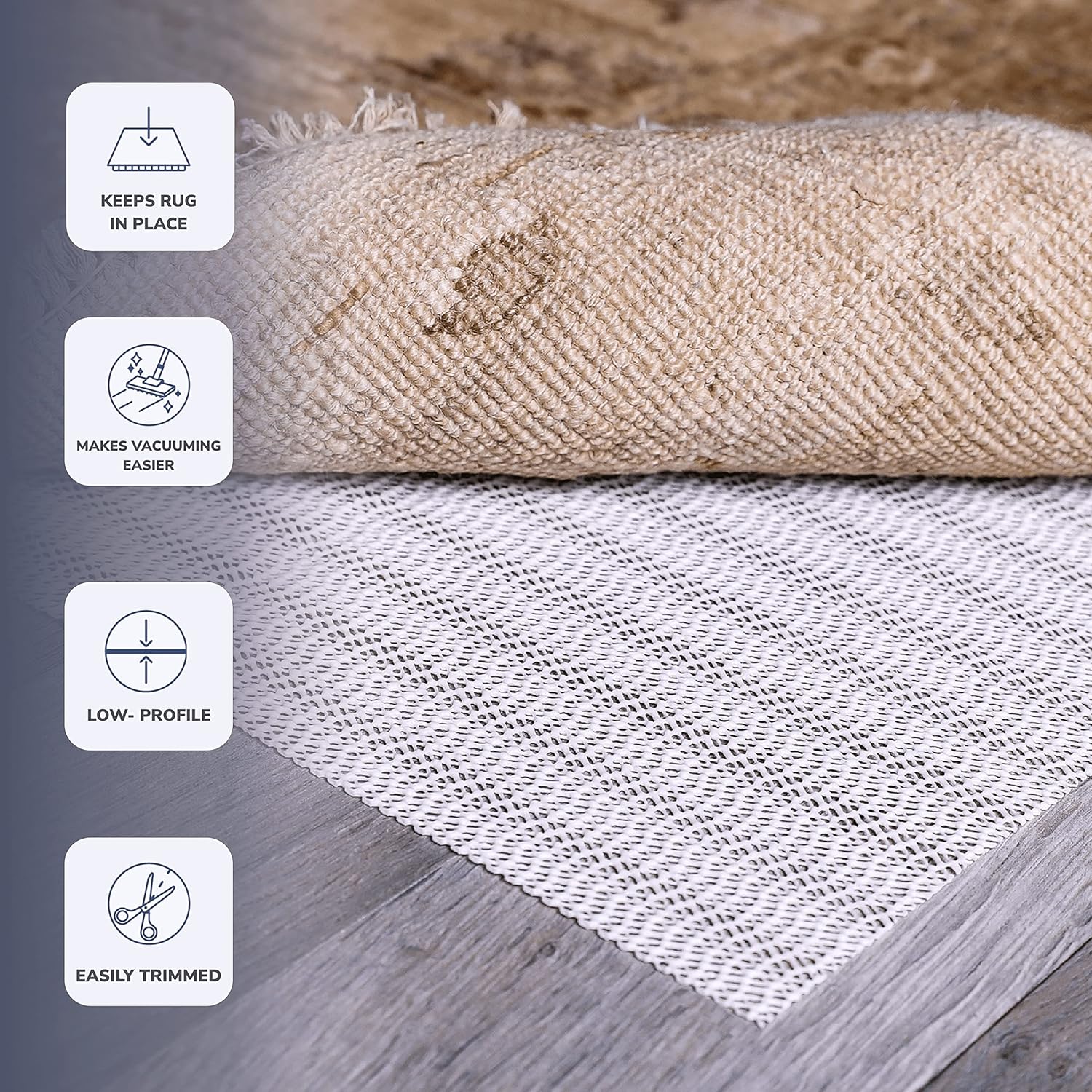 Slip-Stop Rug Grip – Almohadilla antideslizante de perfil bajo para alfombras de área y alfombras de pasillo, agarre para suelos de madera dura, 2 x