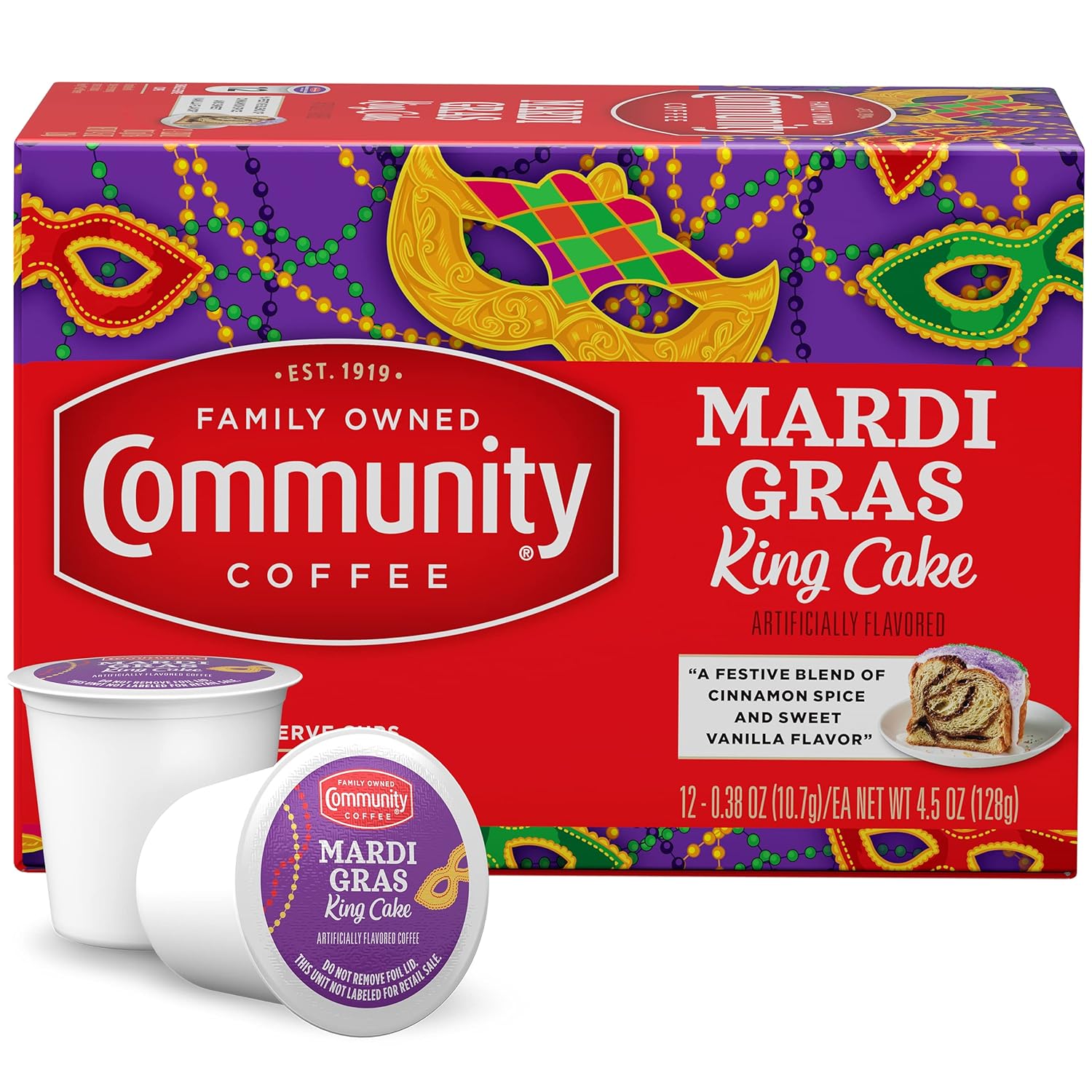 Community Coffee Mardi Gras King Cake – 12 cápsulas de café saborizadas, tostado medio, compatible con cafeteras Keurig 2.0 K-Cup, caja de 12