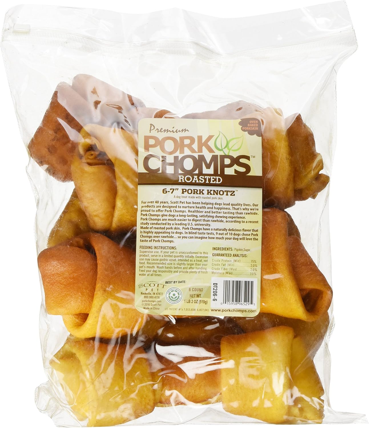 Pork Chomps Masticables de piel de cerdo asada para perros, nudos de 6 pulgadas, 6 unidades